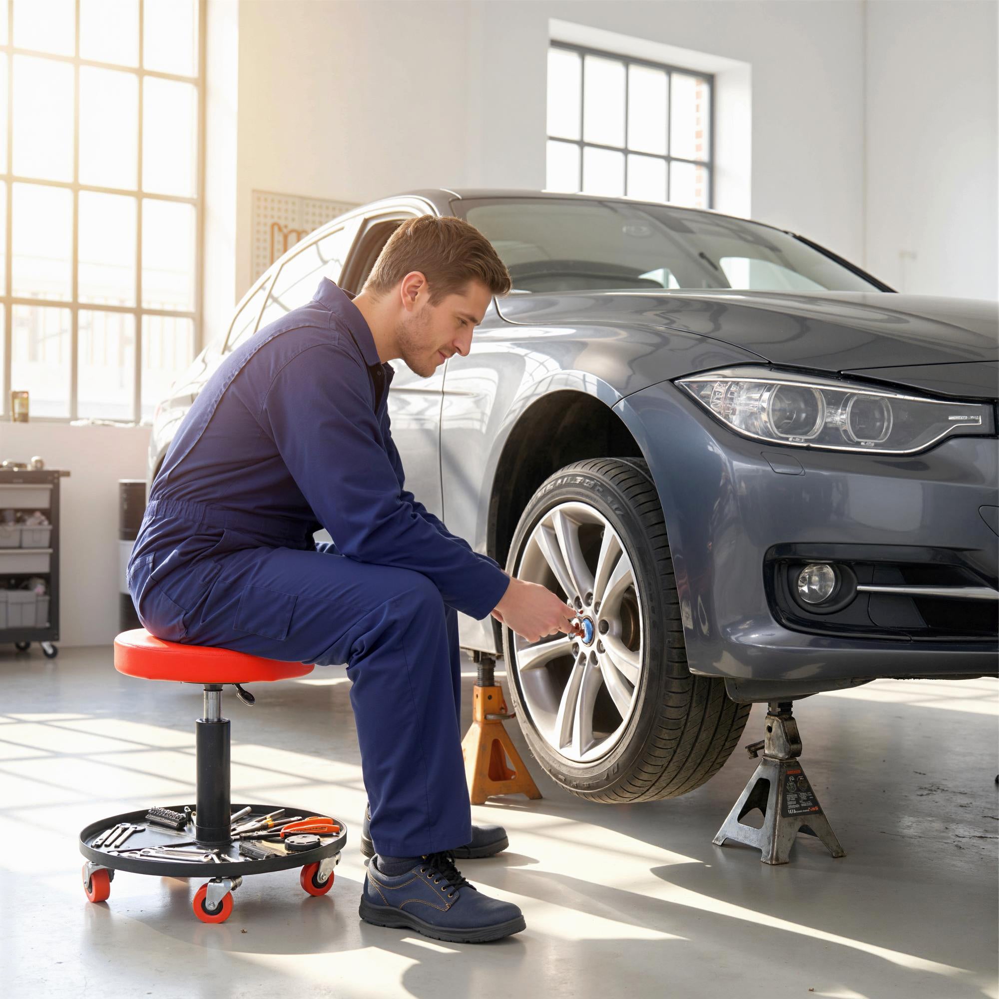 Rolling Mechanical Stool, Pneumatic Adjustable Workshop Stool with Tool Tray, Wheels - Orange