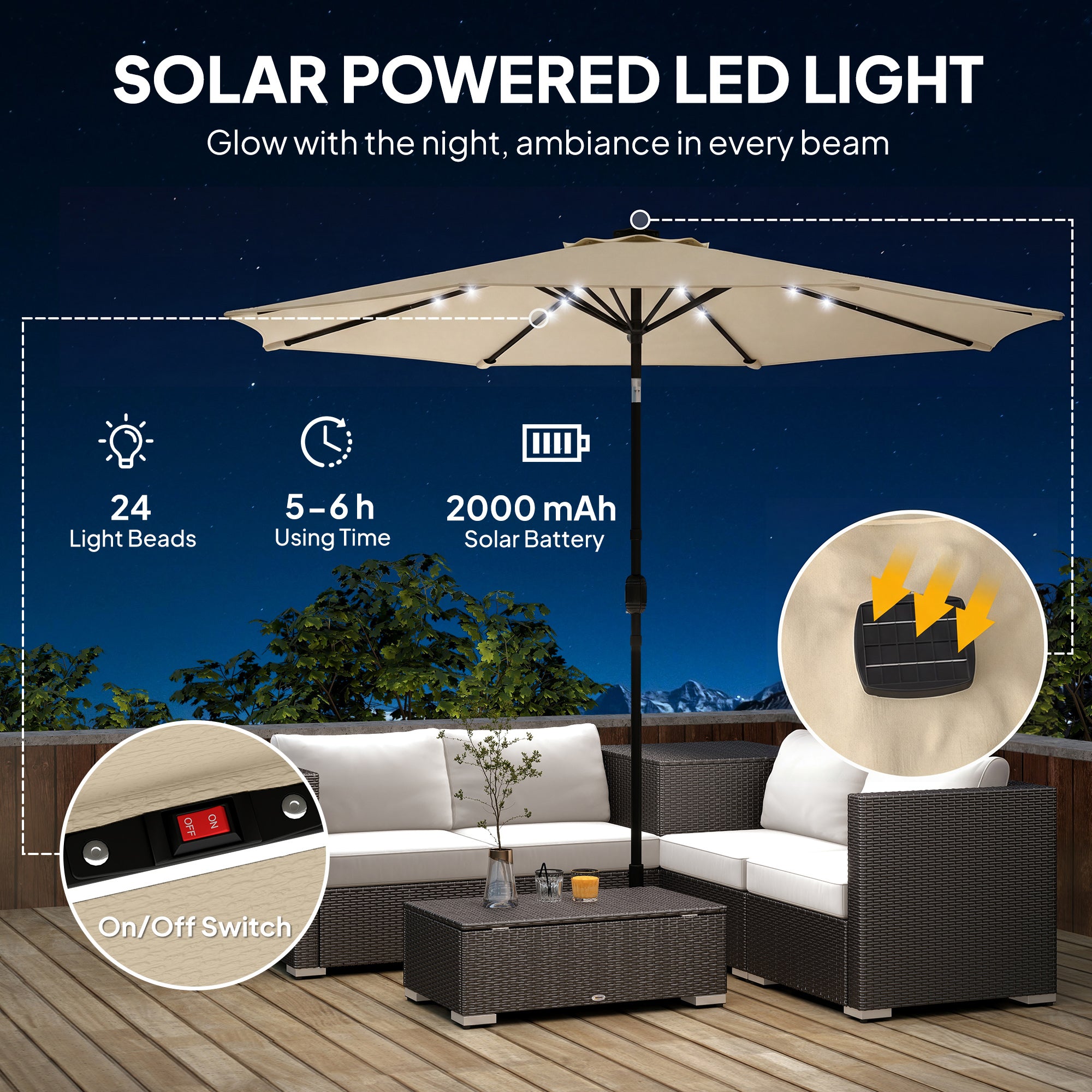 2.6 m Garden Parasol Umbrella with LED Solar Light, Parasol Cover, Outdoor Market Patio Umbrella, Beige