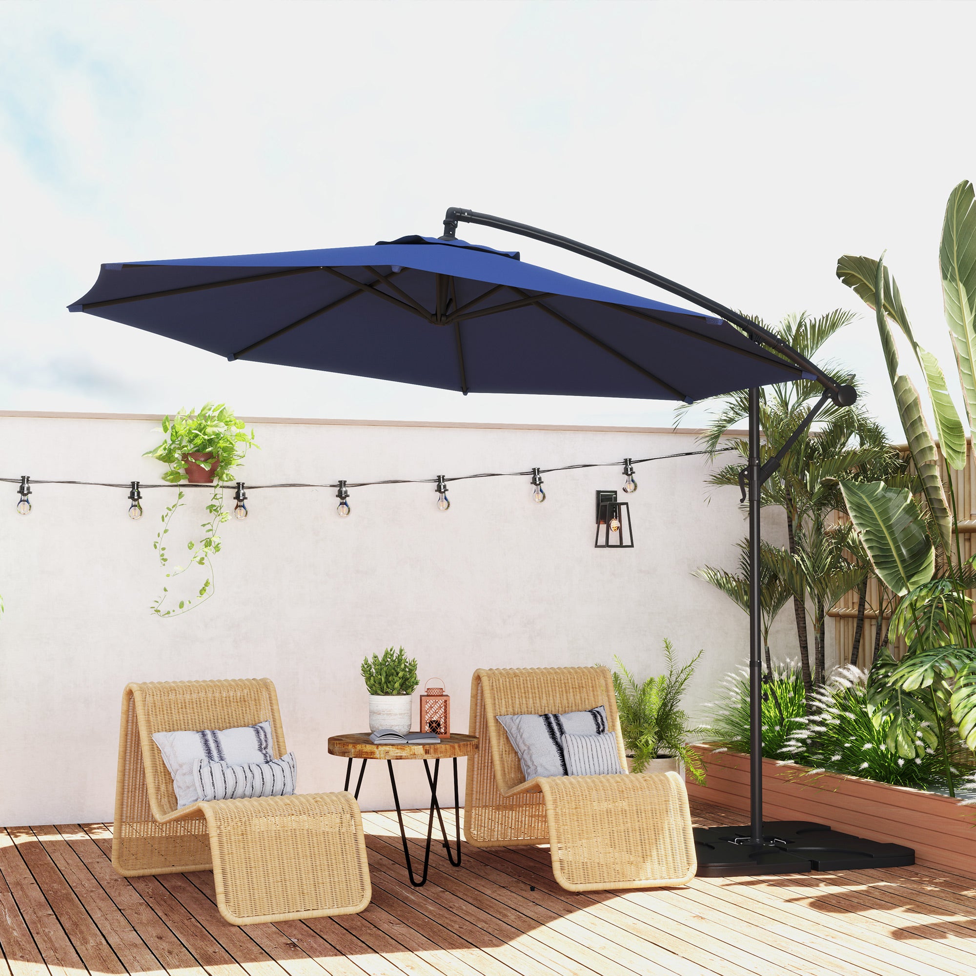 3m Overhanging Parasol, with Base, Weights and Cover - Blue