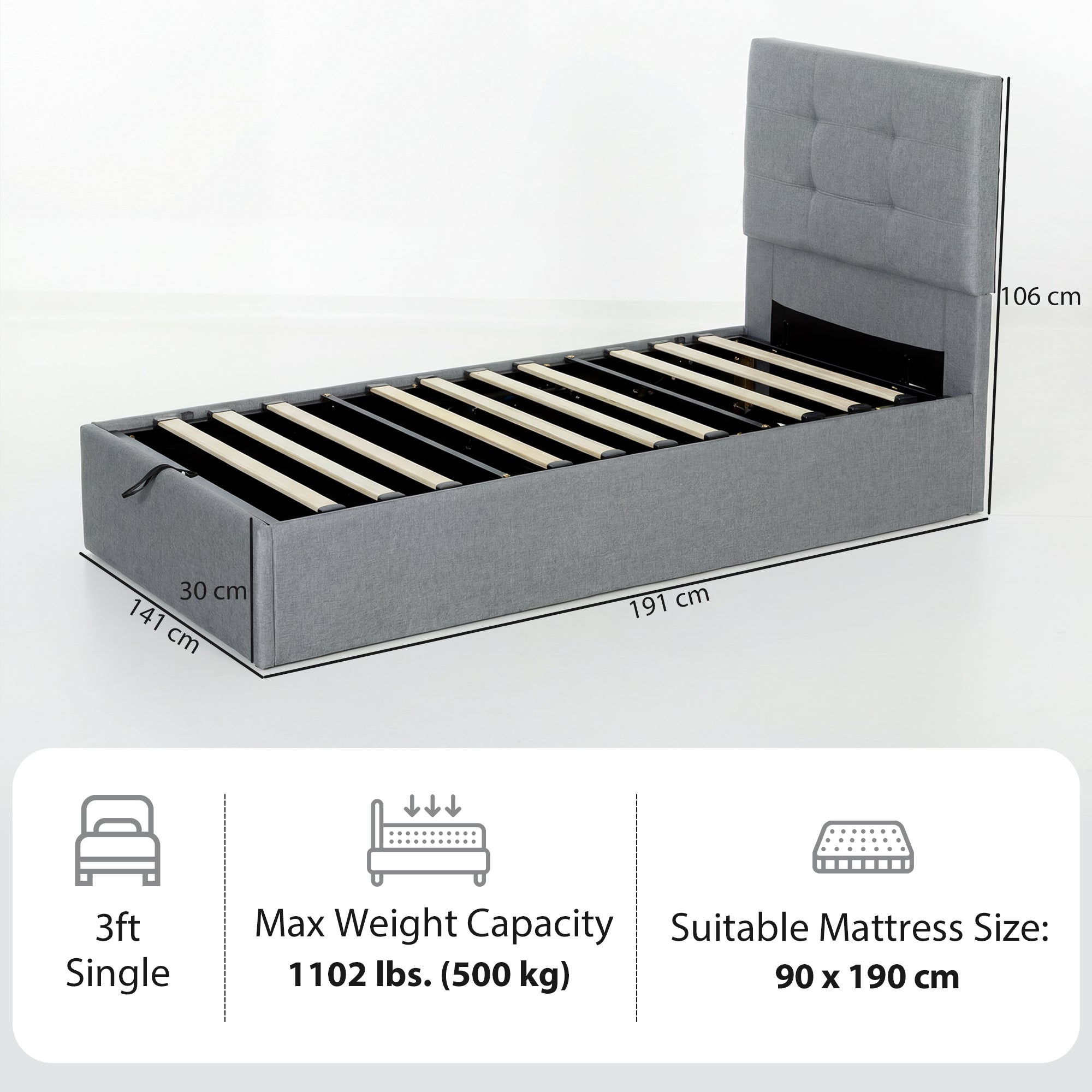 3ft Single Ottoman Bed with Gas Lift Storage - Grey