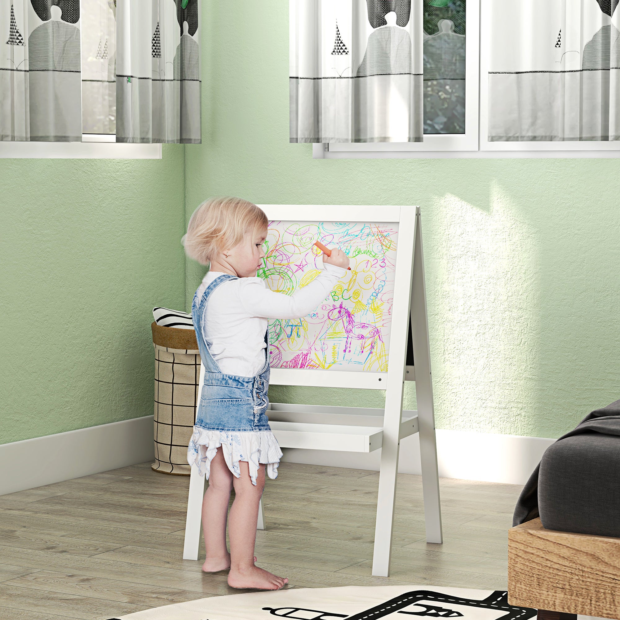 Kids Easel, Art Easel with Double Sided Whiteboard, Chalkboard, Storage, 2 in 1 Standing Easel for Toddlers 18-48 Months, White