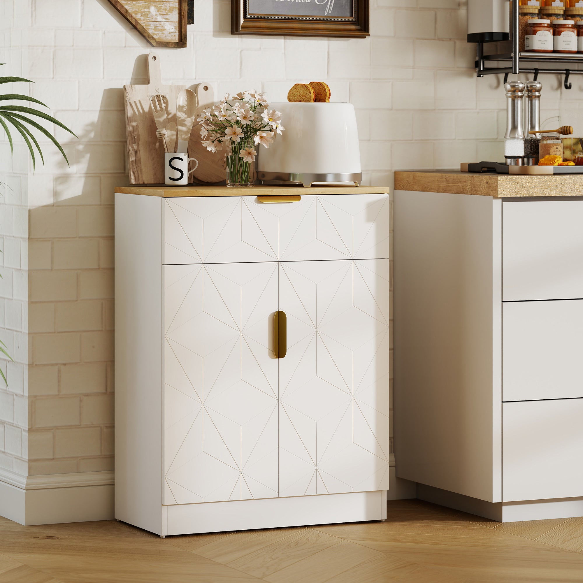 Sideboard Storage Cabinet, Modern Storage Cupboard with Drawer and Adjustable Shelf for Living Room, Kitchen, Dining Room, Entryway, White