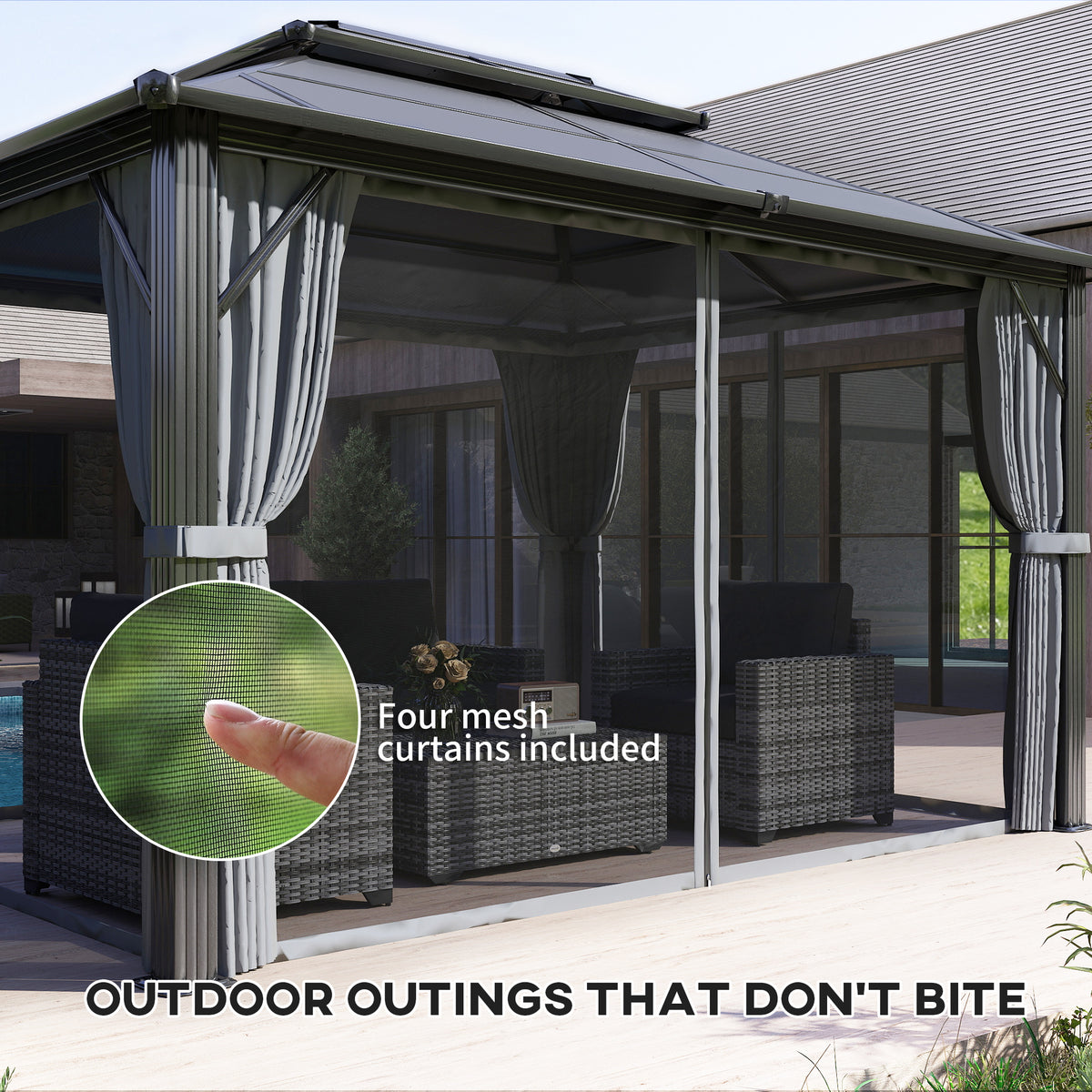 3x4m Hardtop Garden Gazebo with UPF30+ Double Polycarbonate Roof, Aluminium Frame, Mosquito Net & Curtains - Grey