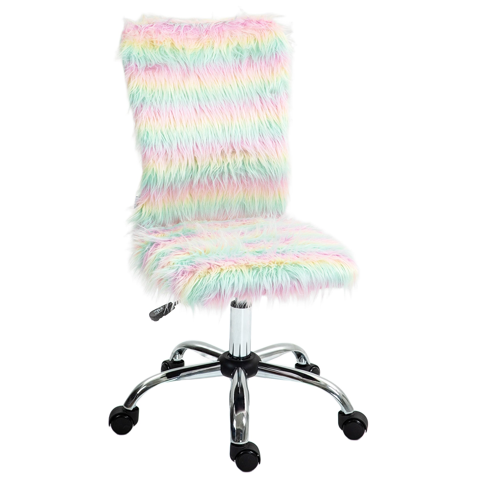 Armless Computer Desk Chair, Fluffy Fabric Swivel Office Chair, Makeup Vanity Chair with Height Adjustable, Wheels, for Home Study Bedroom, Unicorn Tone