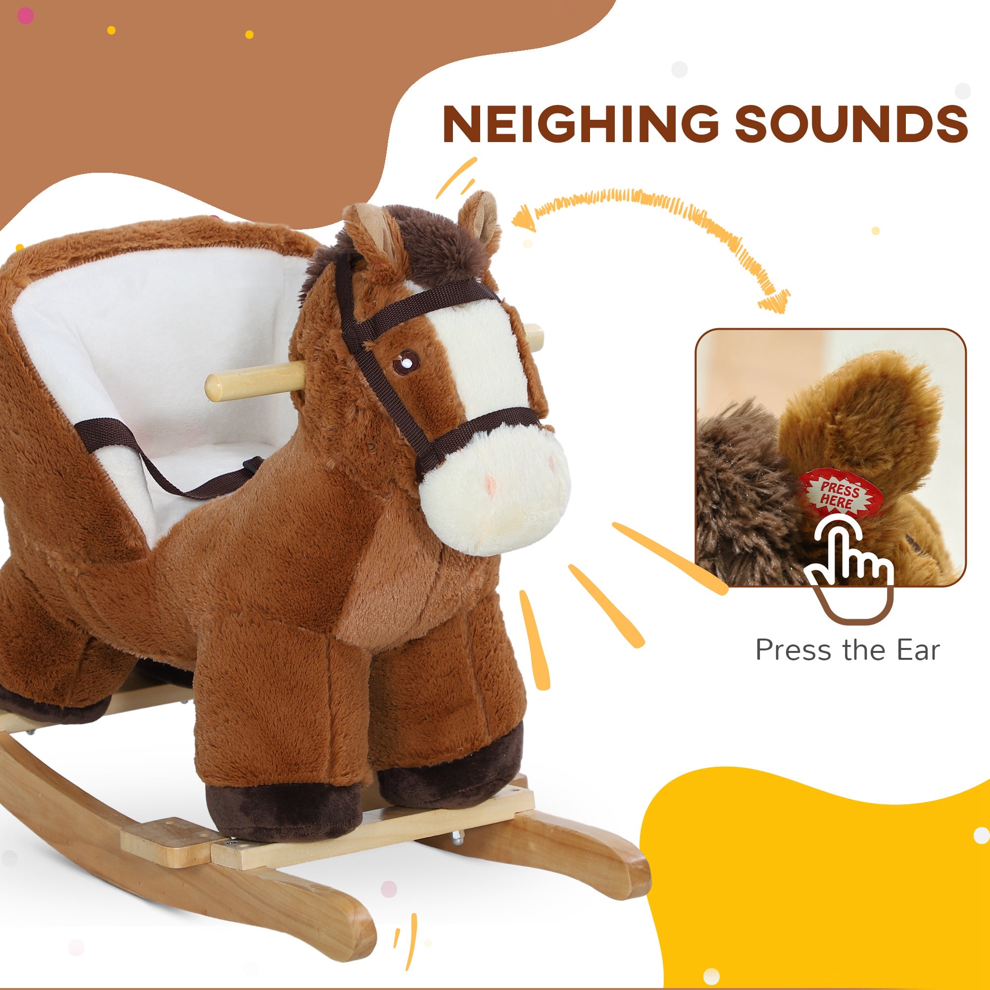 Kids Rocking Horse, Plush Ride on Horse, with Sound, Wood Base, for Ages 18-36 Months, Brown