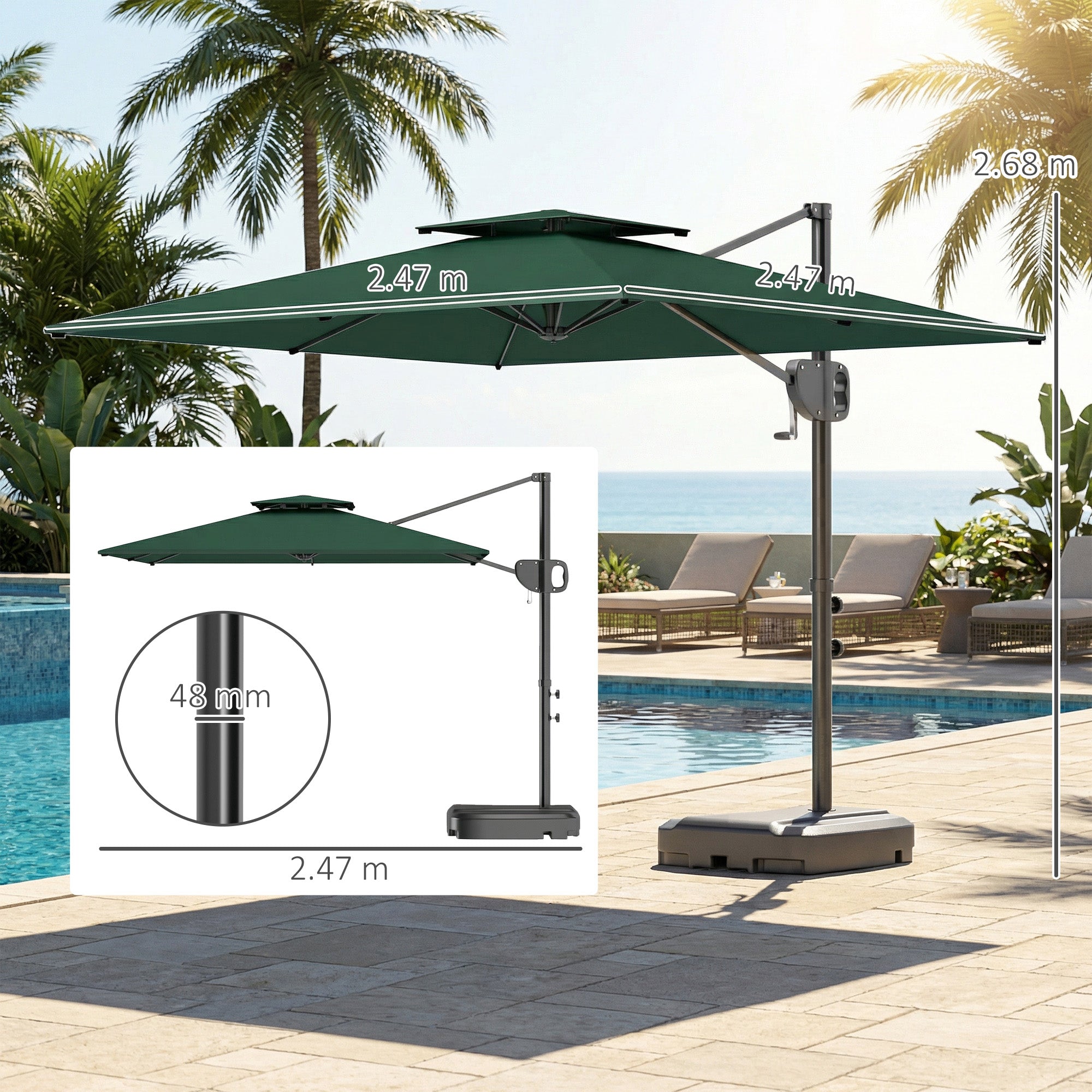 Cantilever Parasol with Weighted Base Double Top Garden Parasol Square Hanging Patio Umbrella with Crank Tilt Dark Green