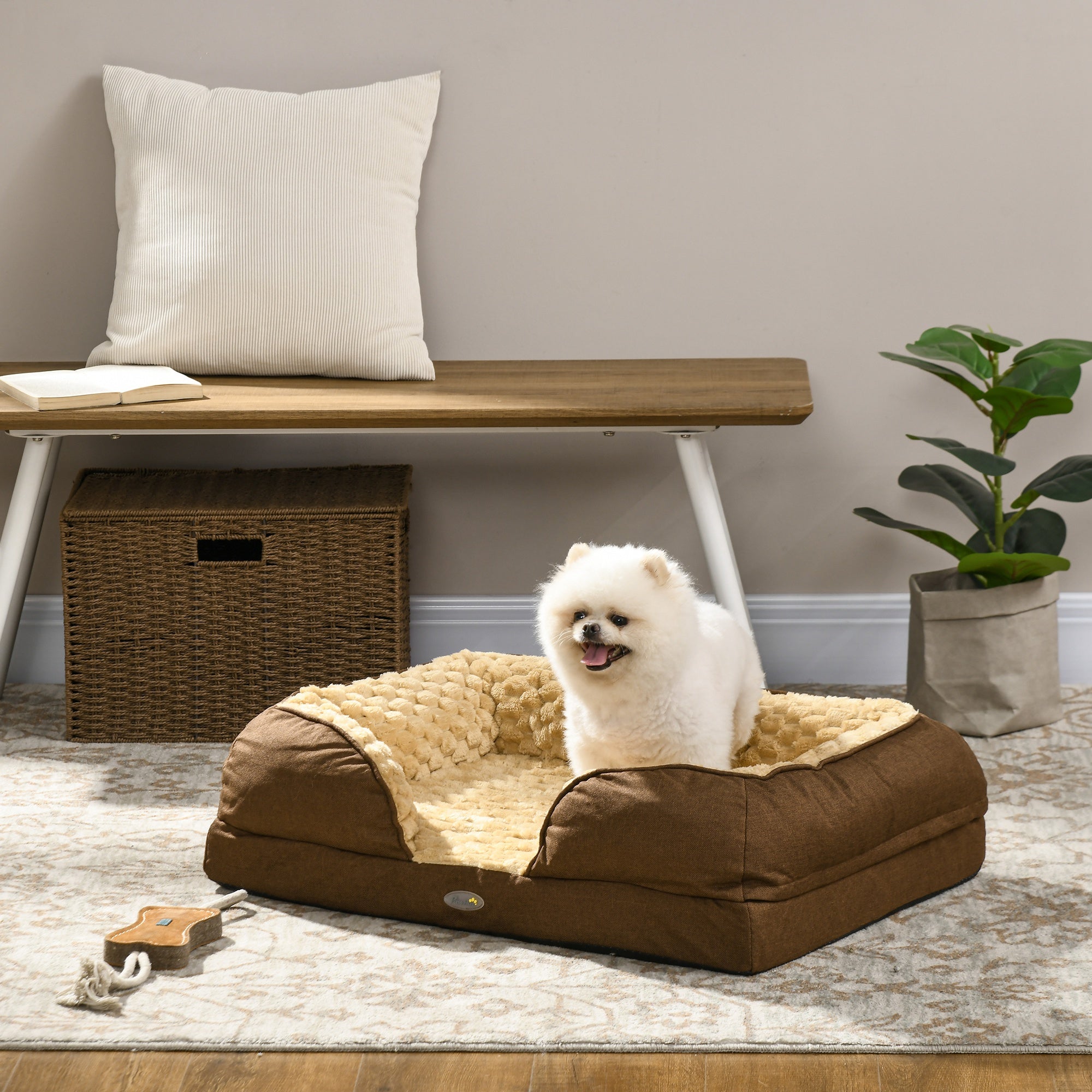 Calming Dog Bed Pet Mattress w/ Removable Cover, Anti-Slip Bottom, for Small Dogs, 70L x 50W x 18Hcm - Brown