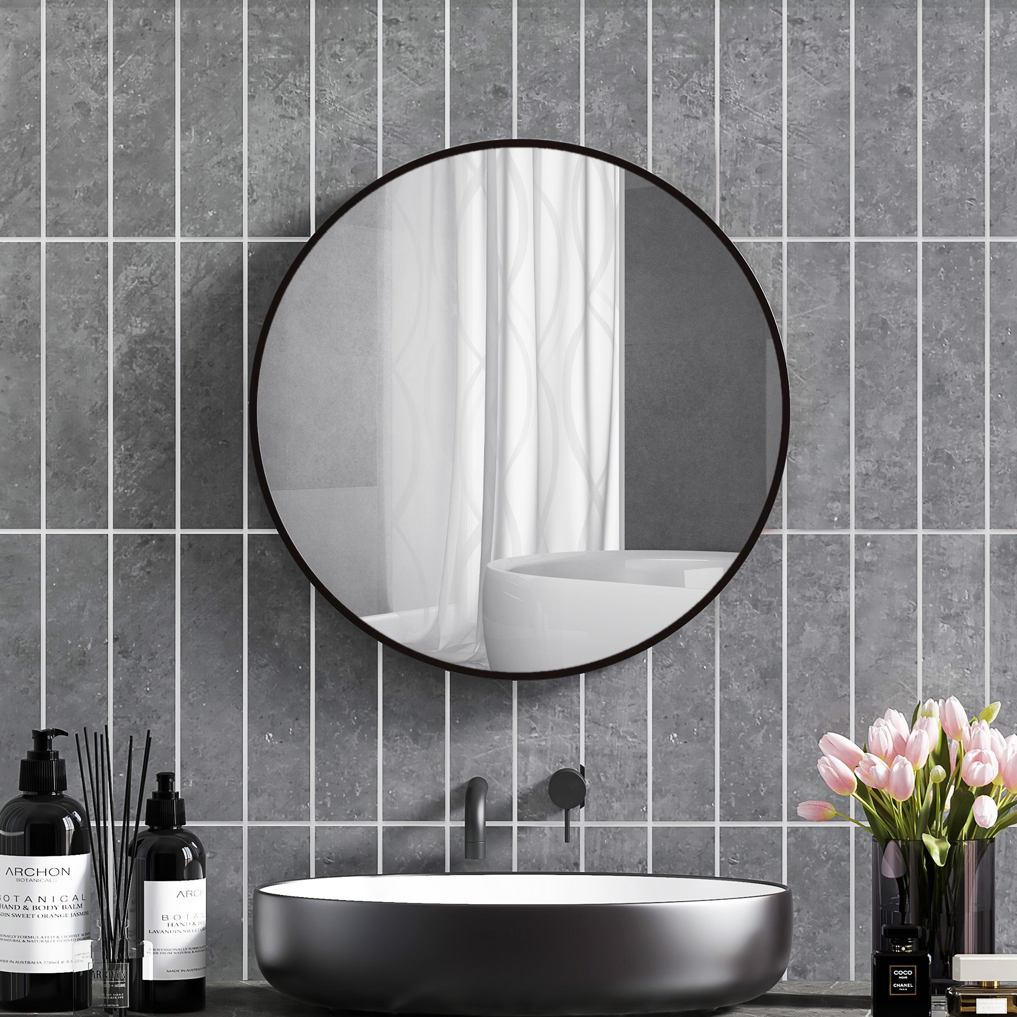 70cm Aluminium Frame Round Bathroom Mirror - Black