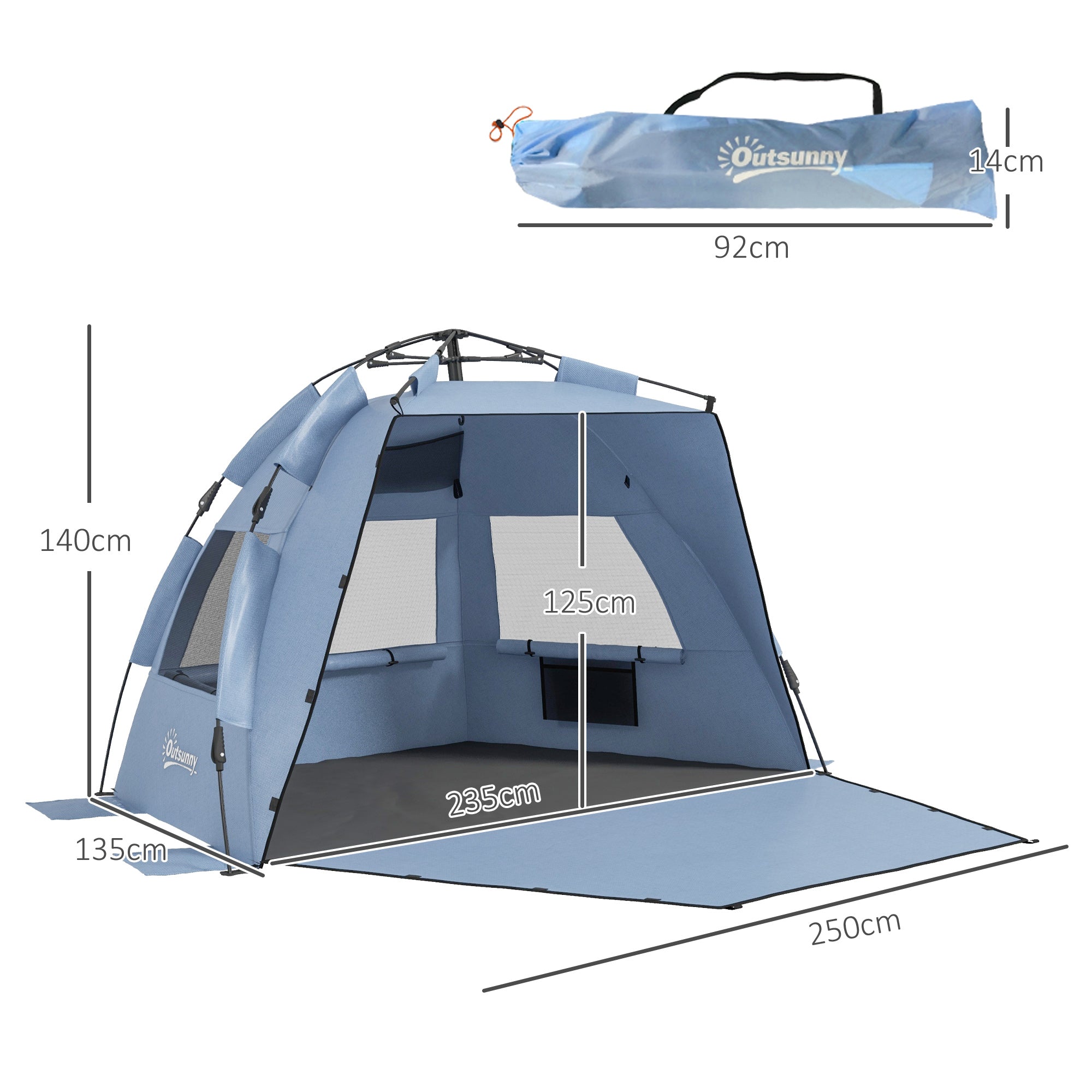 2-3 Person Pop Up Beach Tent, UPF15+ Sun Shelter with Extended Floor, Sandbags, Mesh Windows and Carry Bag, Light Blue