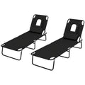 Outdoor Foldable Sun Lounger Set of 2 with 4-Level Adjustable Backrest, Pillow & Reading Hole - Black