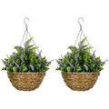 Set of Two Artificial Hanging Lisianthus Flower Pots with Wicker Basket - Purple