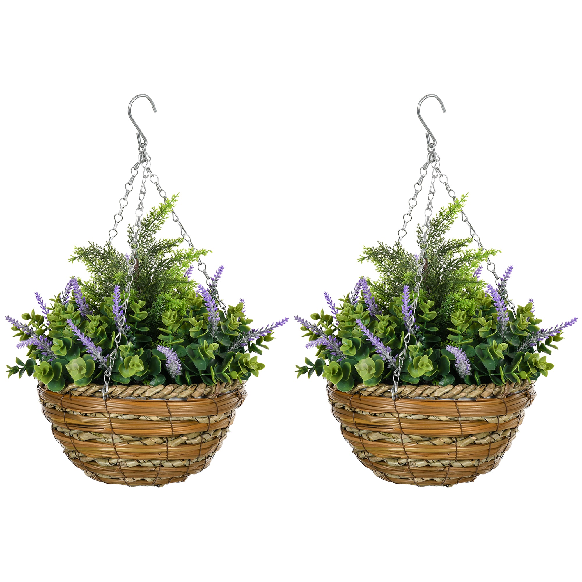 Set of Two Artificial Hanging Lisianthus Flower Pots - Purple