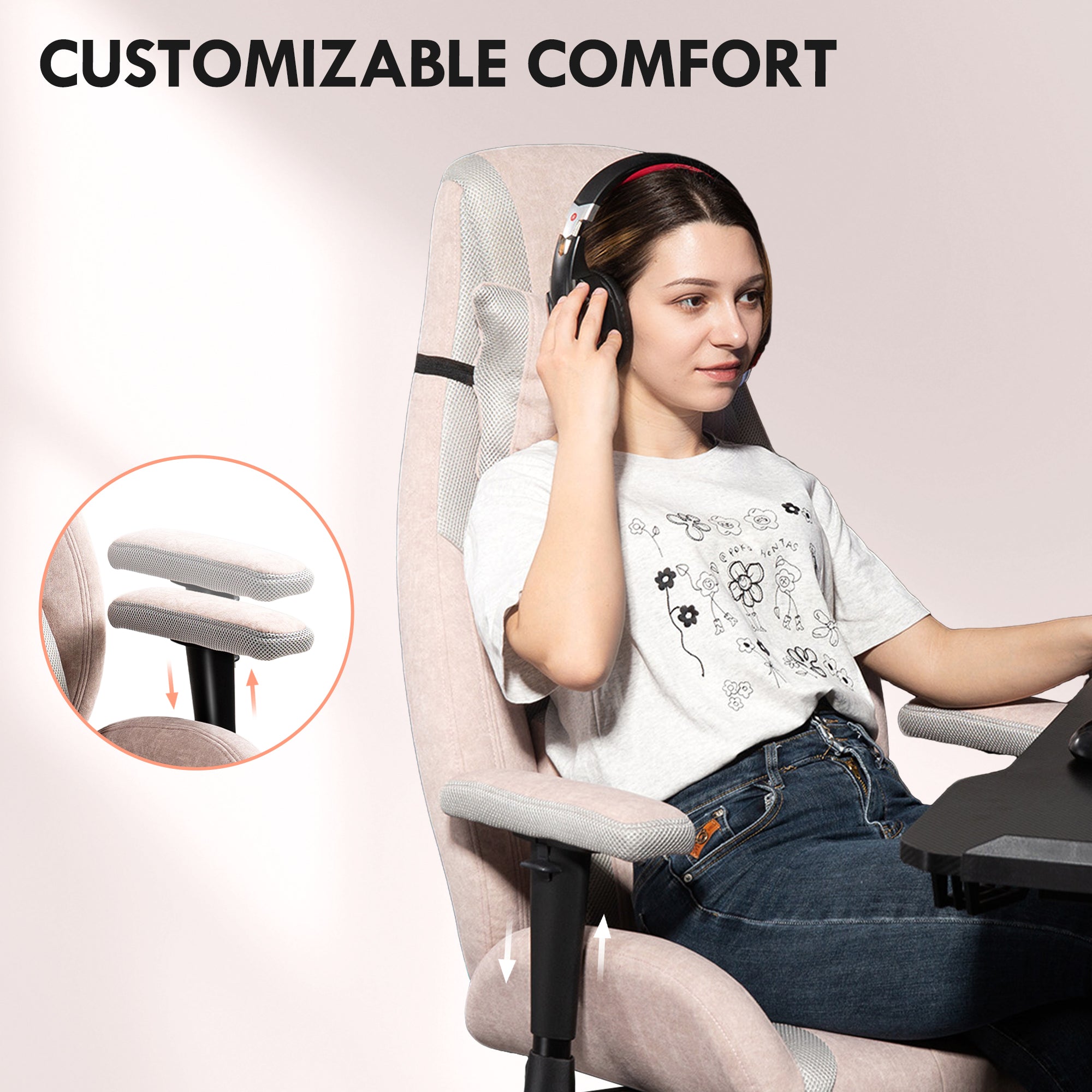 Fabric Gaming Chair with Lumbar Support, Headrest - Pale Pink