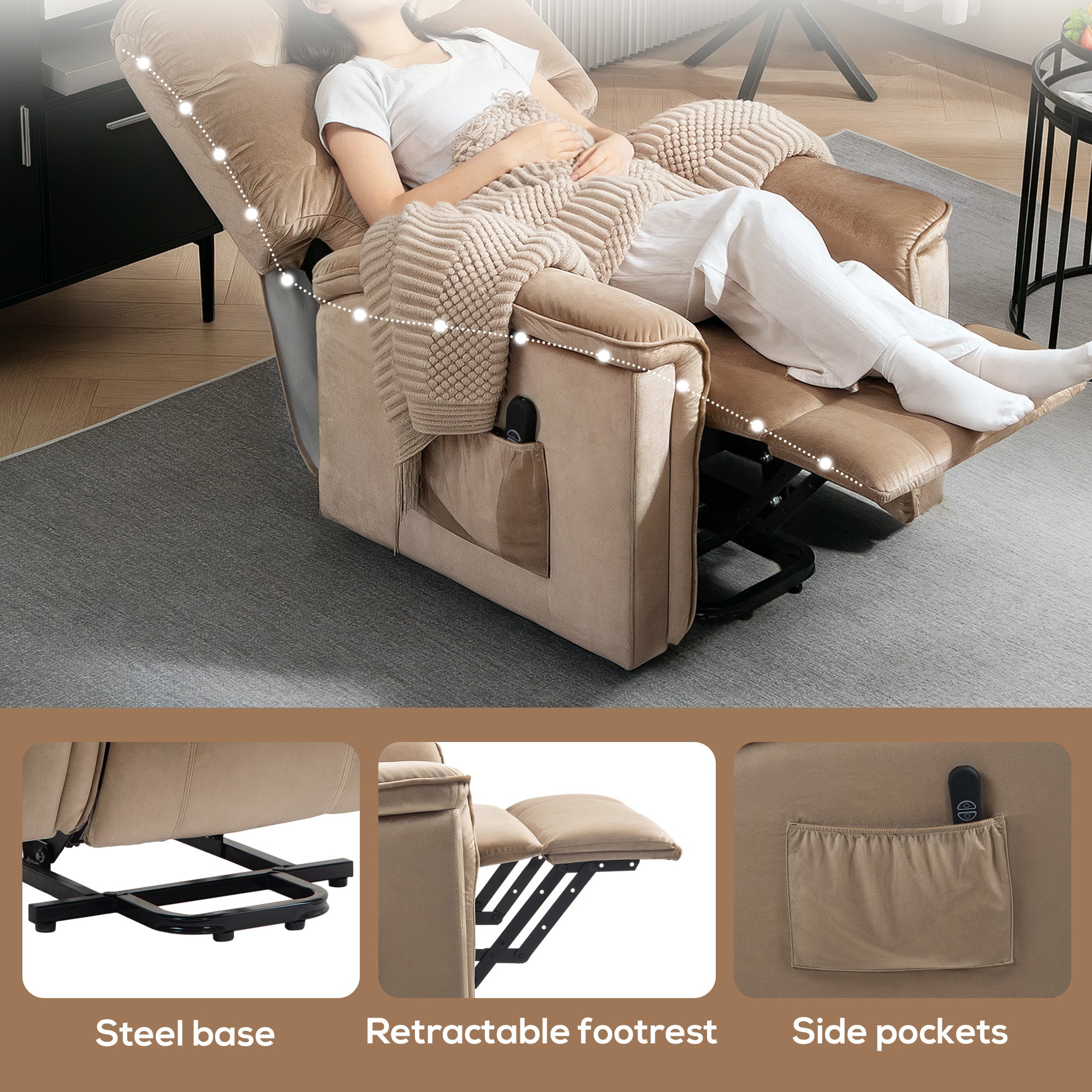 Electric Lift Recliner Chair with Remote Control and USB Port - Champagne Velvet-Feel