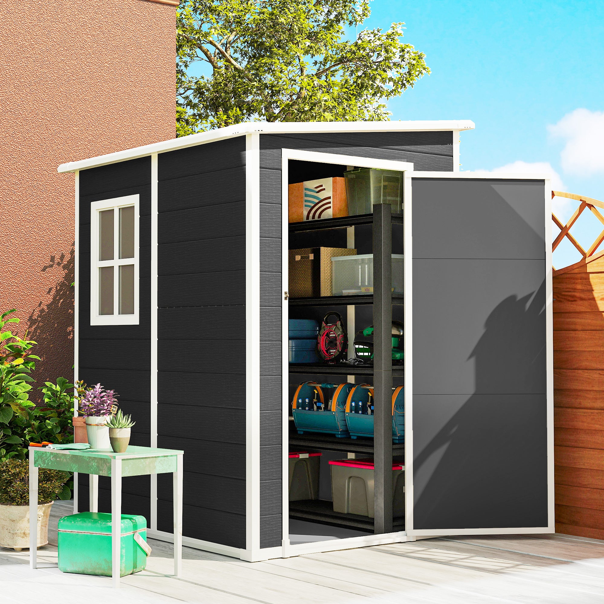 4'x5' Garden Storage Shed, Lean to Shed, Lockable Garden Shed with Window, Vent and Plastic Roof, Black