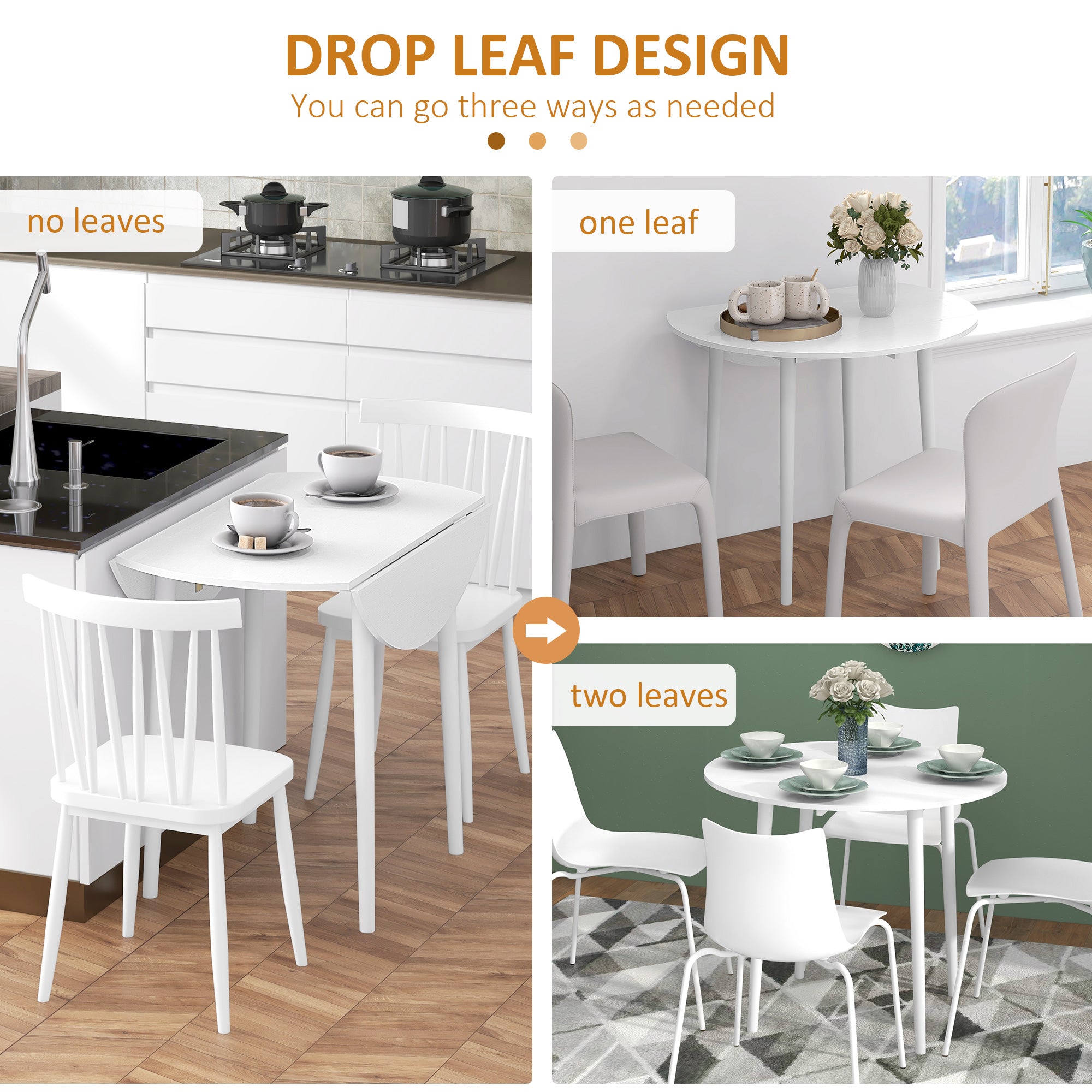 Folding Dining Table for 4, Round Drop Leaf Table, Modern Space Saving Small Kitchen Table with Wood Legs for Dining Room, White