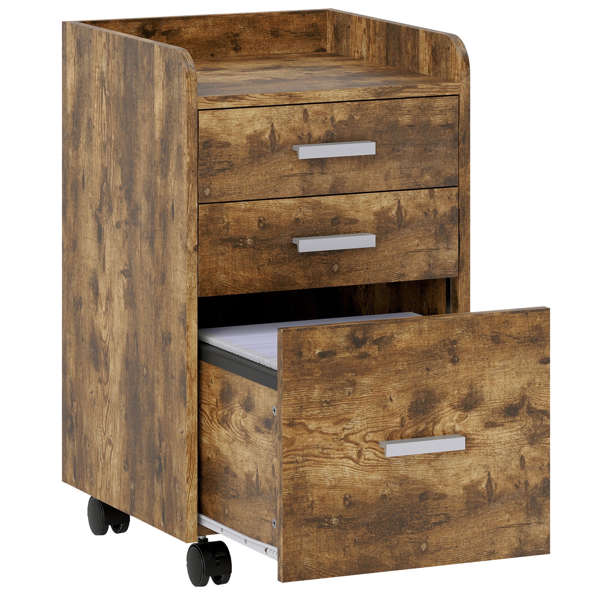 3 Drawer Filing Cabinet, Rolling File Cabinet with Edged Top for Letter, A4 Size, Hanging File Folders, Rustic Brown