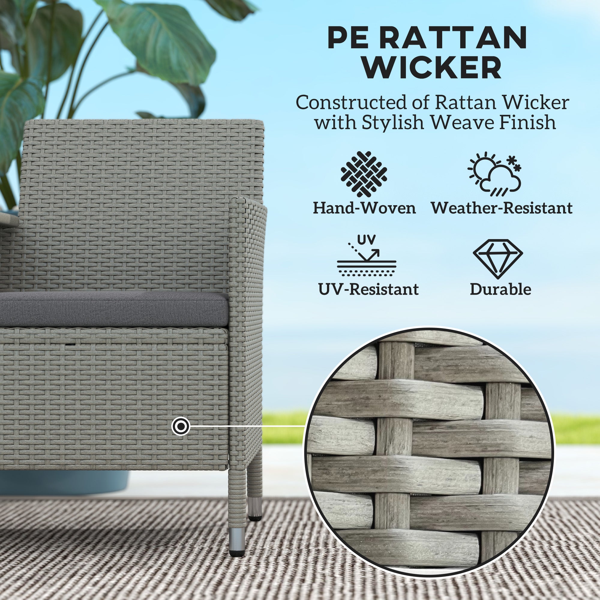 2-Seater PE Rattan Outdoor Garden Bench w/ Centre Table Grey
