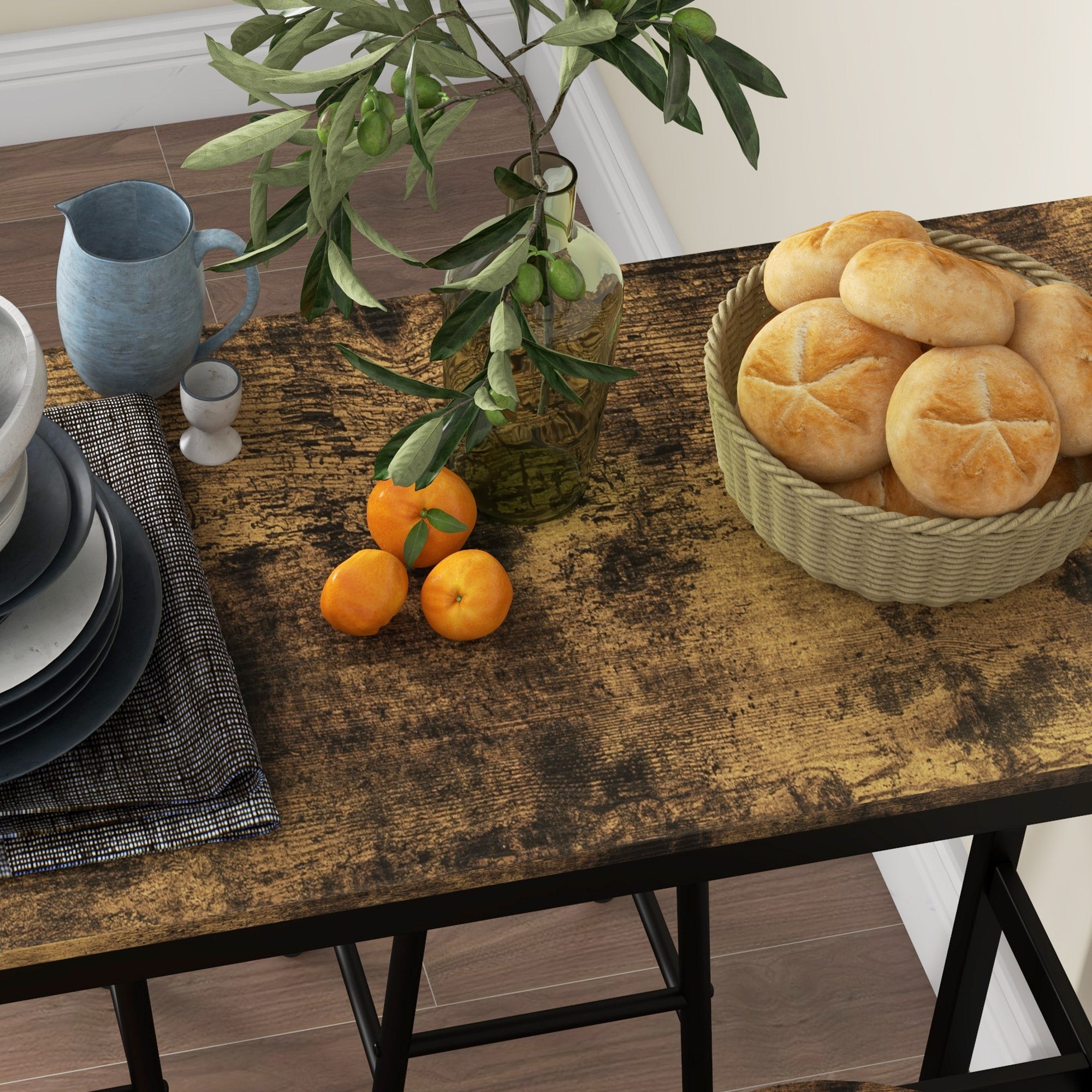 5 Piece Industrial Bar Table and 4 Stool Set - Rustic Brown