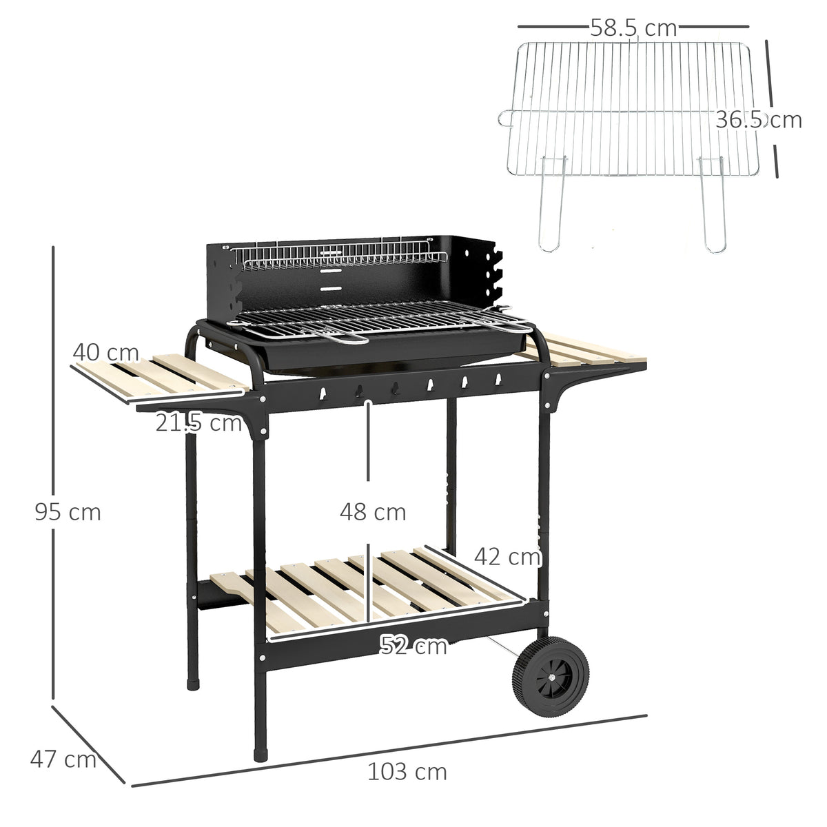 Charcoal Barbecue Grill with Adjustable Height & Ash Catcher Portable BBQ Trolley - Black