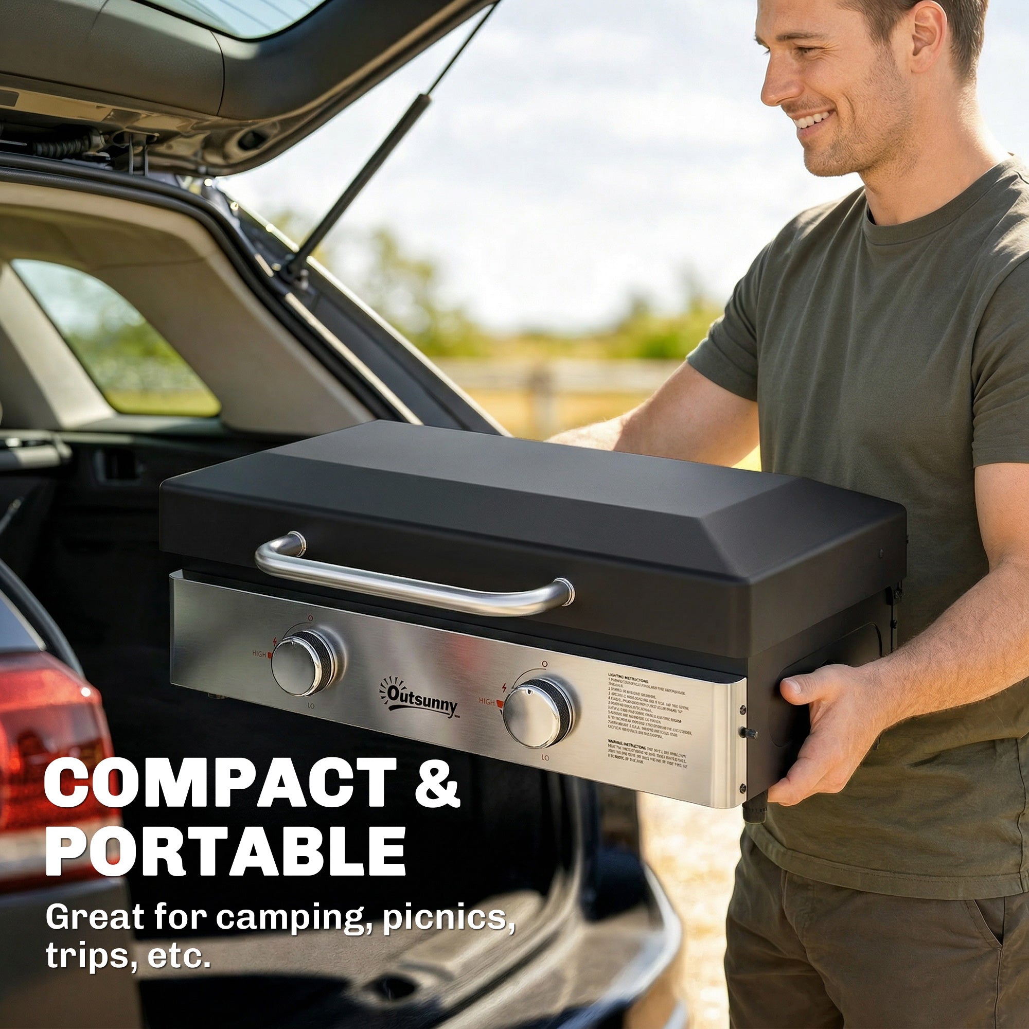 2 Burner Grill Griddle, Portable Gas Plancha, 6 kW, Tabletop Gas BBQ with Grease Cup for Camping Picnic Patios, Black