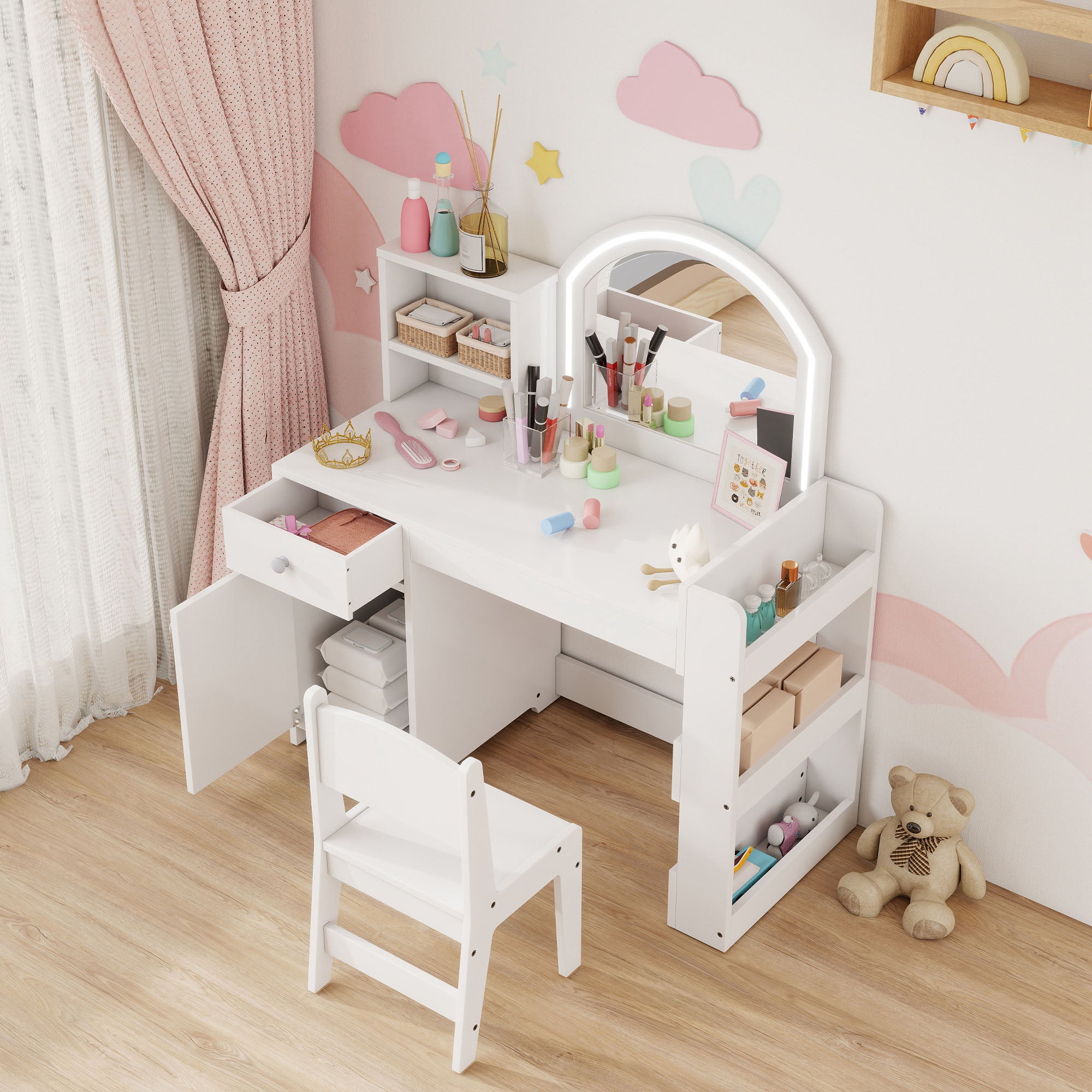 Kids Vanity Table and Chair Set, Girls Dressing Table with 2-Colour LED Mirror, Stool, Cabinet, Drawer, Shelves, White