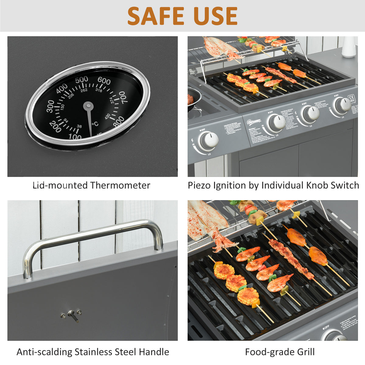 3+1 Burner Gas BBQ Grill Trolley with Wheels, Side Shelves, Cabinet & Thermometer - Grey