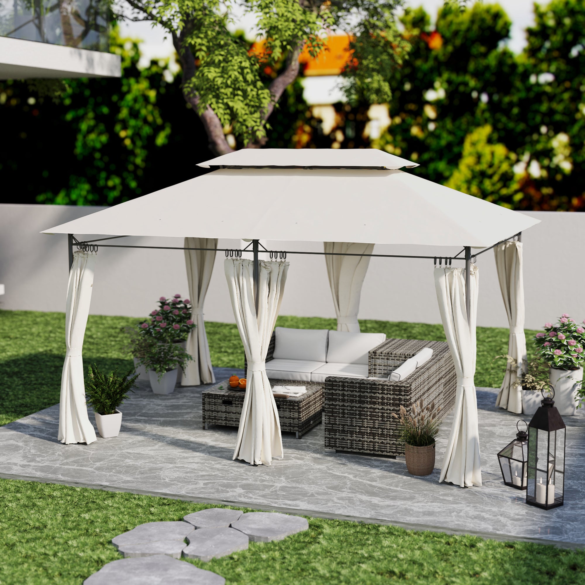 3 x 4m Metal Frame Gazebo with Two-Tier Roof and Removable Curtains - Cream White