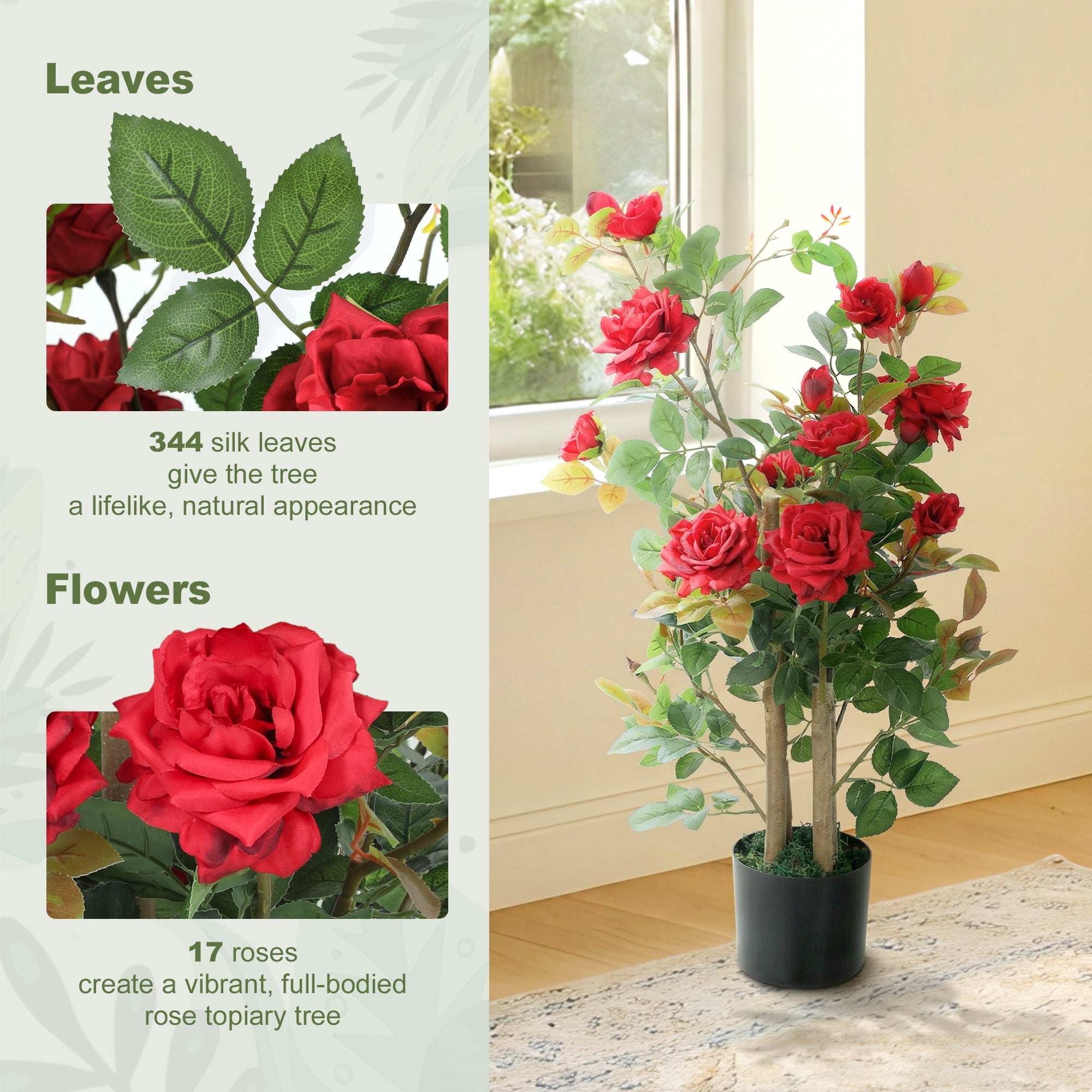 90cm Artificial Rose Tree, Decorative Fake Plant with 344 Silk Leaves 17 Flowers for Outdoor Indoor Decor, Red