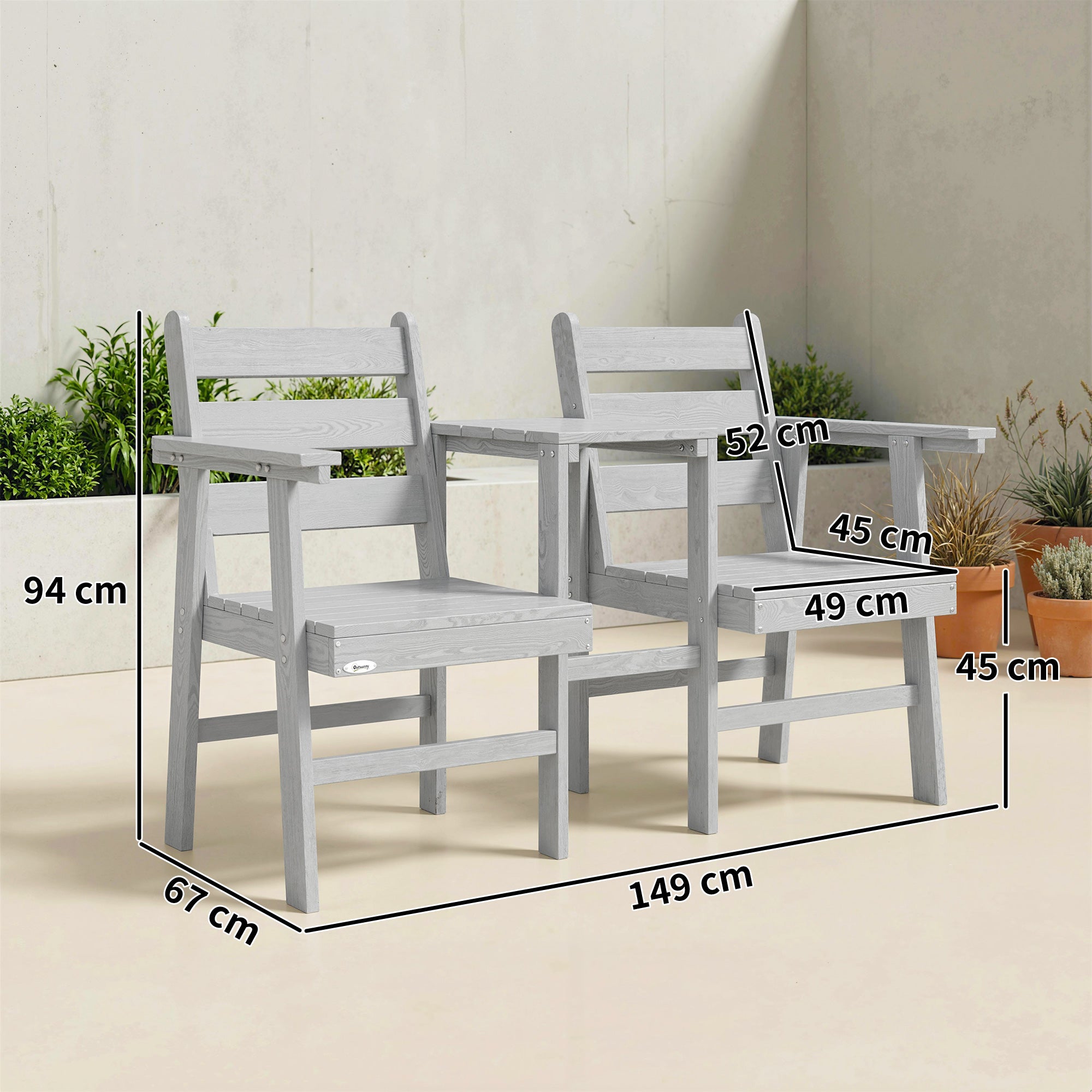 Outdoor Garden Loveseat, Embossed Wooden Jack and Jill Garden Seat with Integrated Table, Grey