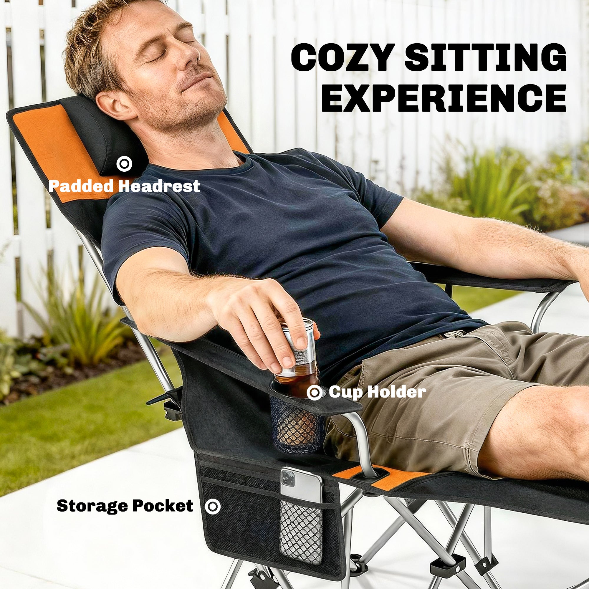 Set of 2 Reclining Folding Camping Chair w/ Detachable Footrest, Storage Bag, Cup Holder & Headrest, Lightweight Portable Camp Chair for Beach, Picnic, Orange and Black