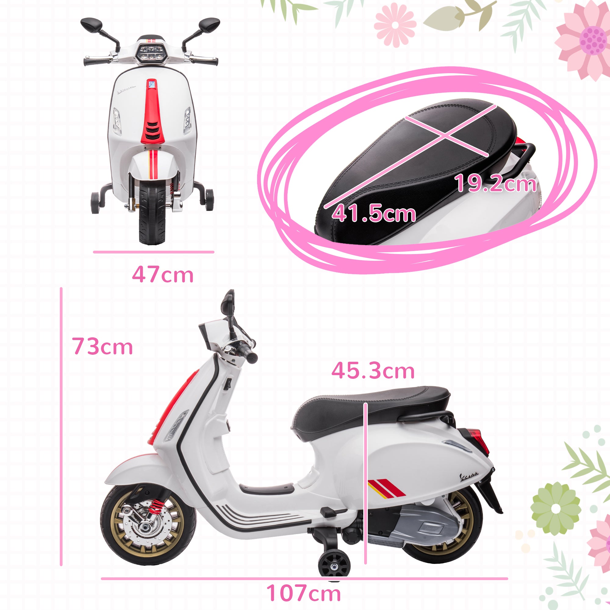 12V Vespa Licensed Kids Electric Motorbike w/ Music, Headlights, FM Radio, for 3-6 Years - White