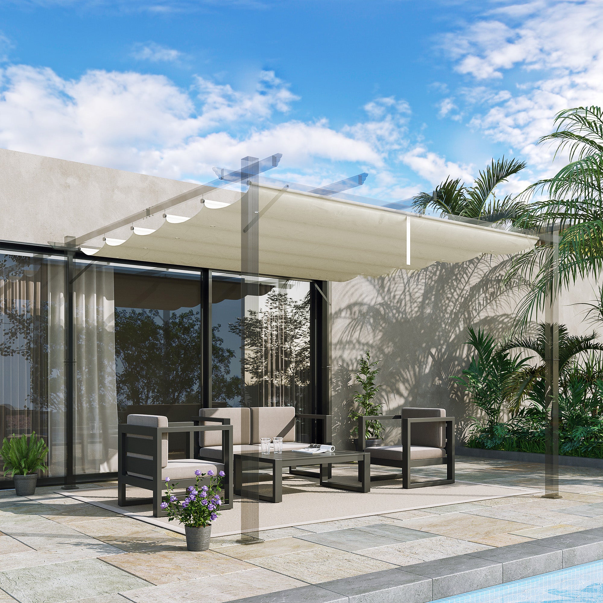 Retractable Pergola Shade Cover Replacement Canopy Fabric 3x3 Metres Cream White