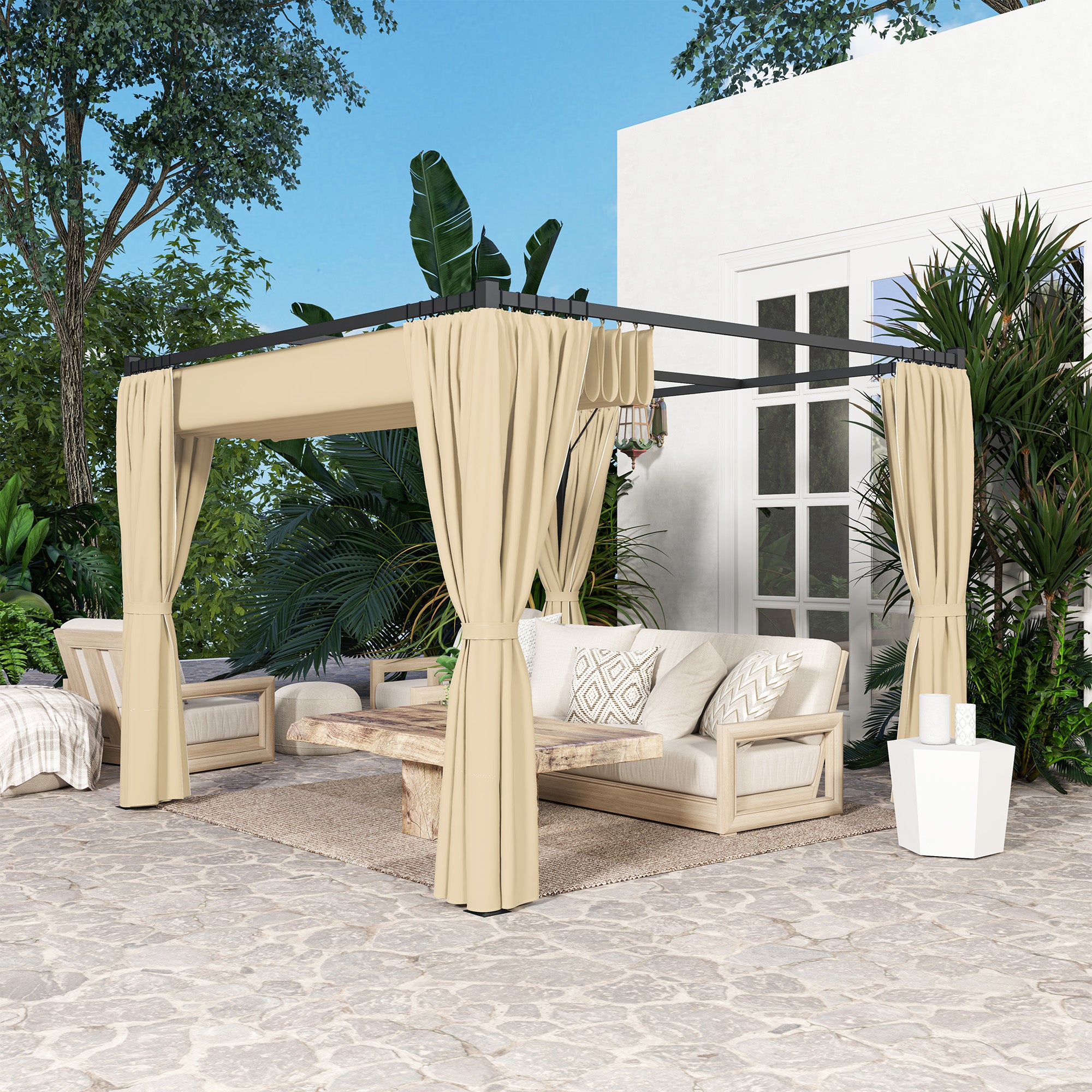 3 x 3m Retractable Roof Pergola with Curtains and Metal Frame - Khaki