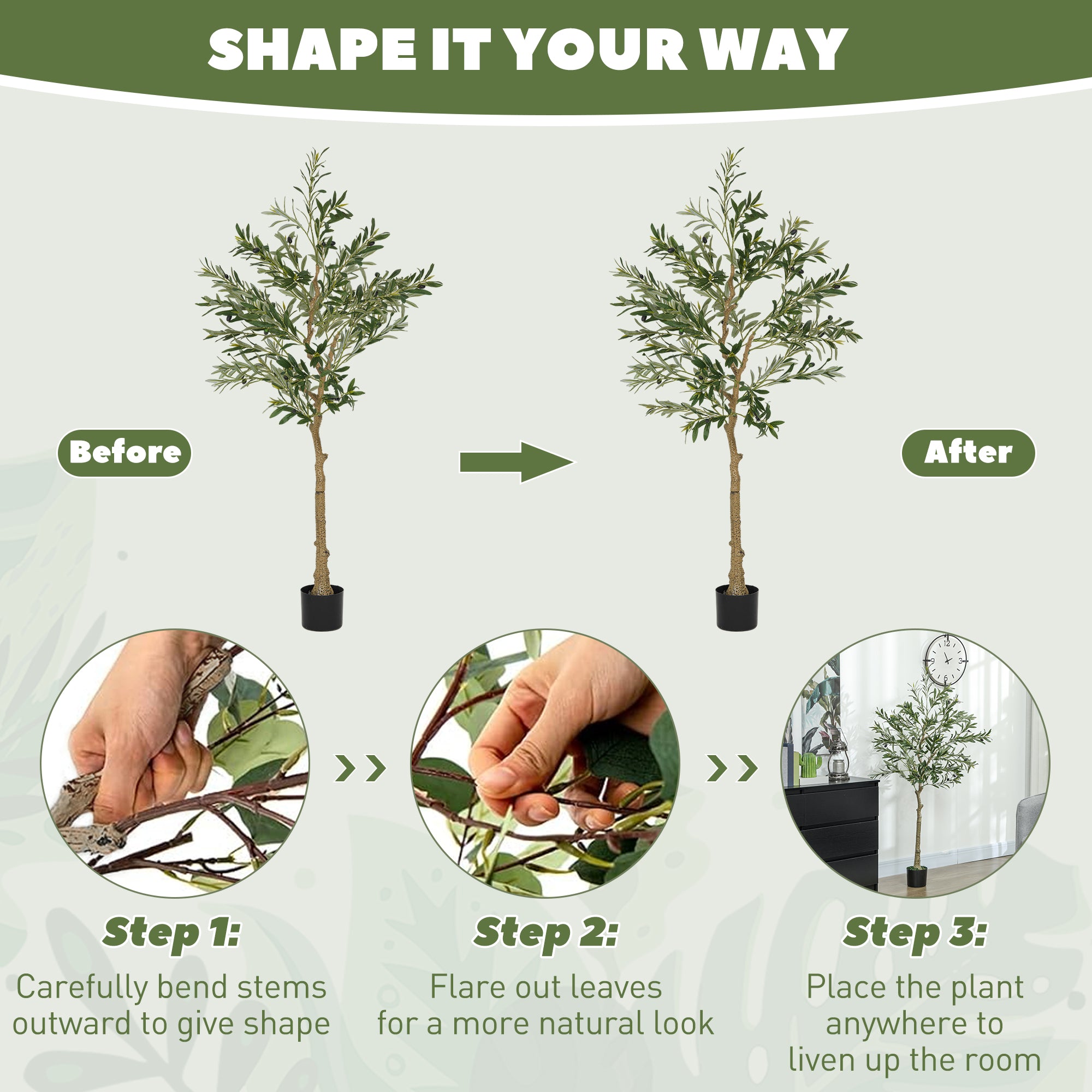 5ft/ 150cm Decorative Artificial Plant, Silk Olive Tree with 720 Leaves and 32 Olive Fruits in Pot, Fake Plant for Home, Office, Living Room, Indoor Decor