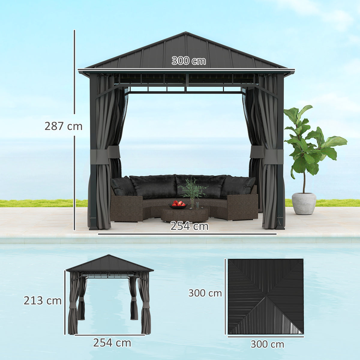 3 x 3m Hardtop Gazebo with Galvanised Steel Roof, Water Gutter, Netting & Curtains for Patio - Dark Grey
