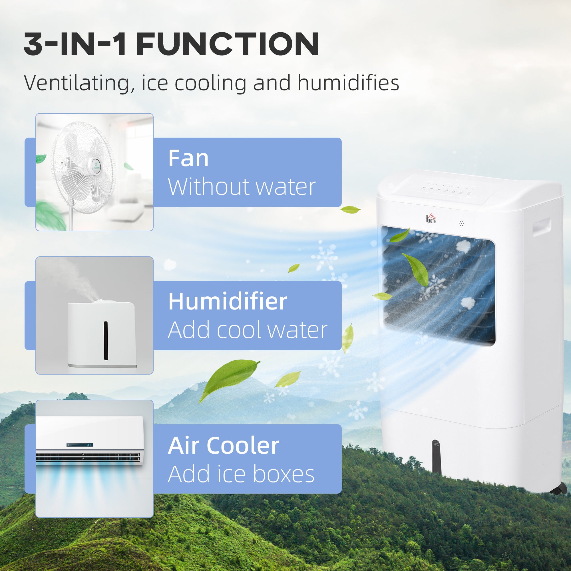 Portable Air Cooler with 15 Litre Water Tank, Oscillation, LED Display, Remote Control, 7.5 Hour Timer, Evaporative Air Cooler Fan with 3 Speeds, 3 Modes, Ice Packs, for Home Office