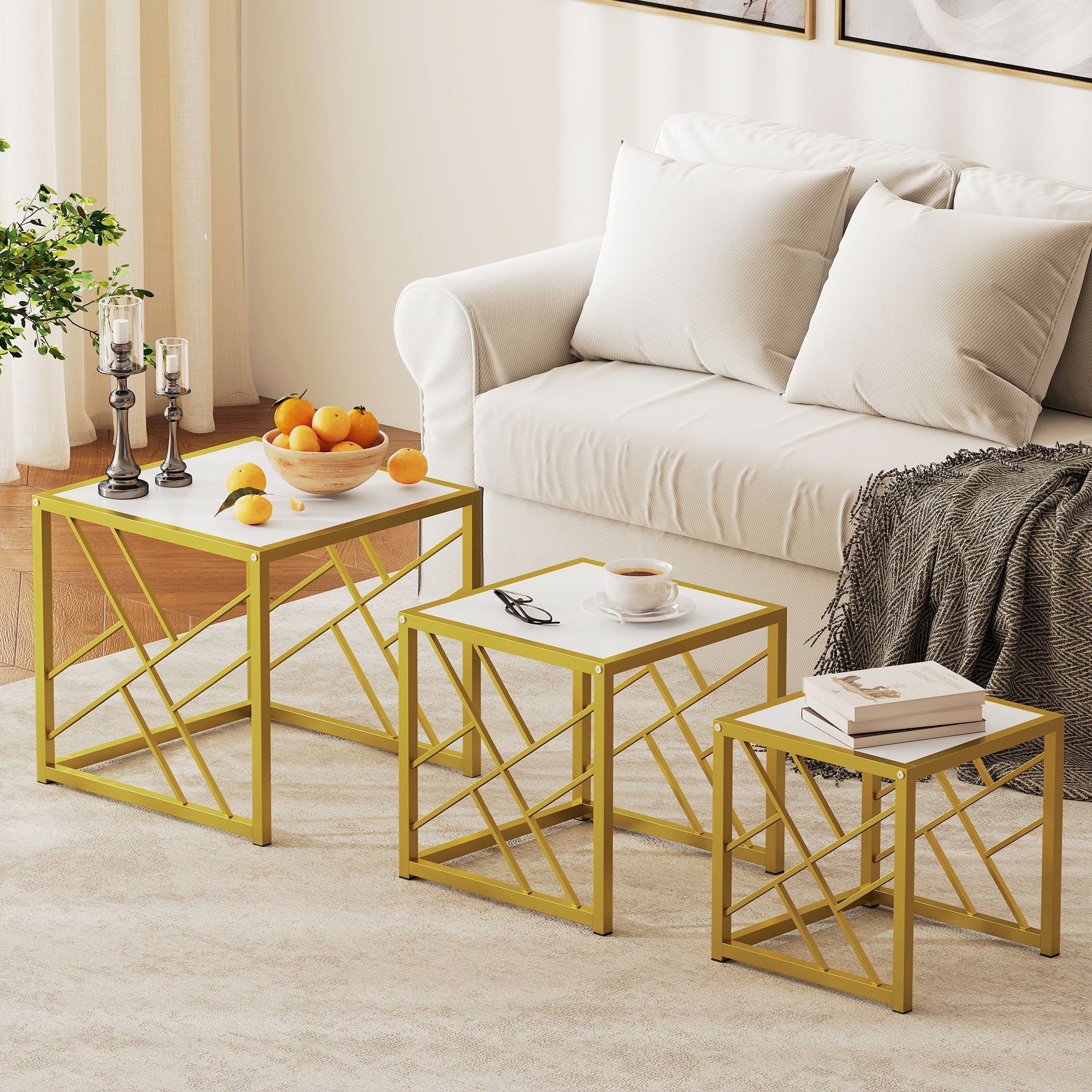 Nesting Coffee Tables, Set of 3 Square Side Tables with Black Metal Frame, for Living Room, Bedroom and Office, White