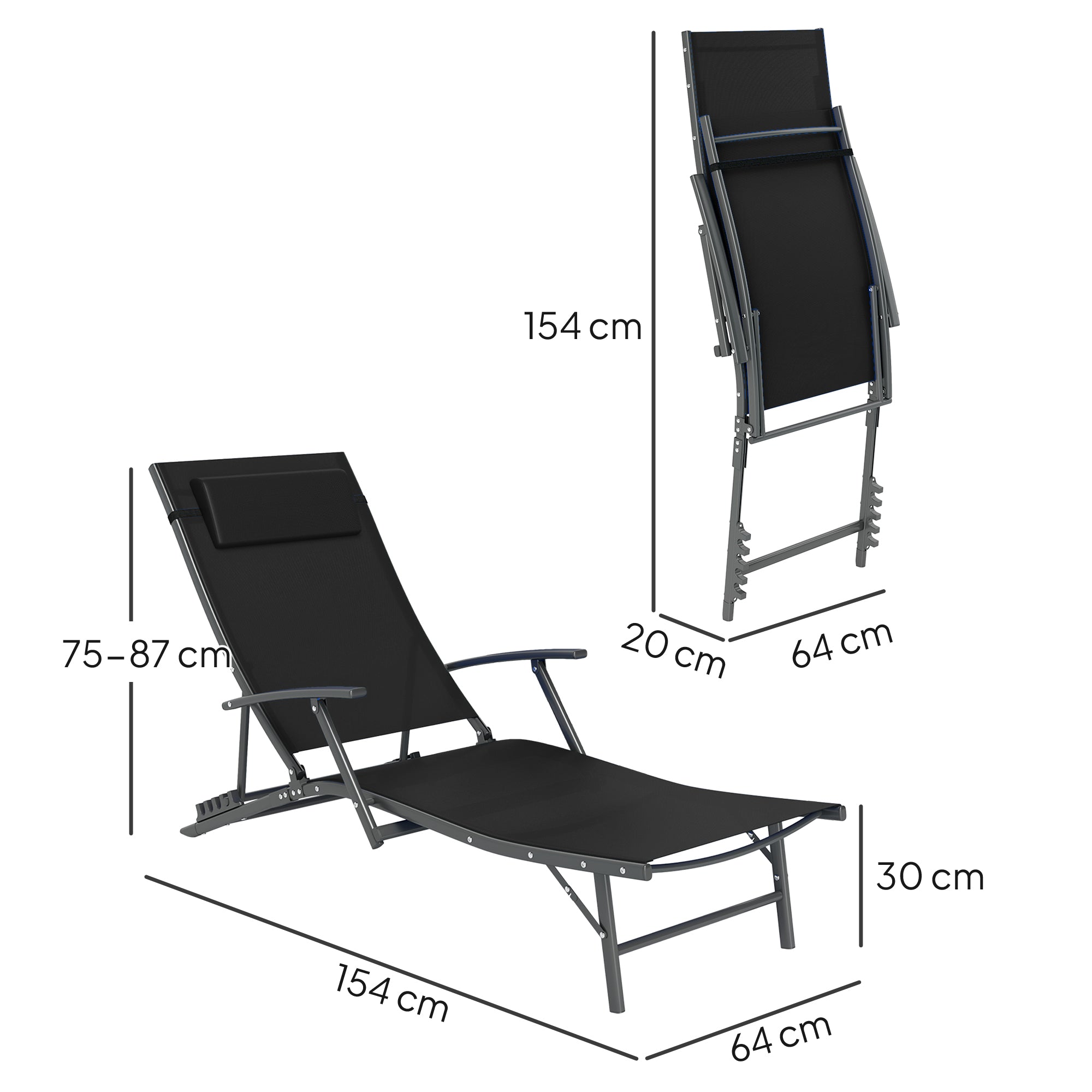 Set of 2 Adjustable Back Sun Loungers with Quick-Dry Mesh - Black