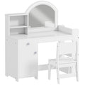 Kids Vanity Table and Chair Set, Girls Dressing Table with 2-Colour LED Mirror, Stool, Cabinet, Drawer, Shelves, White