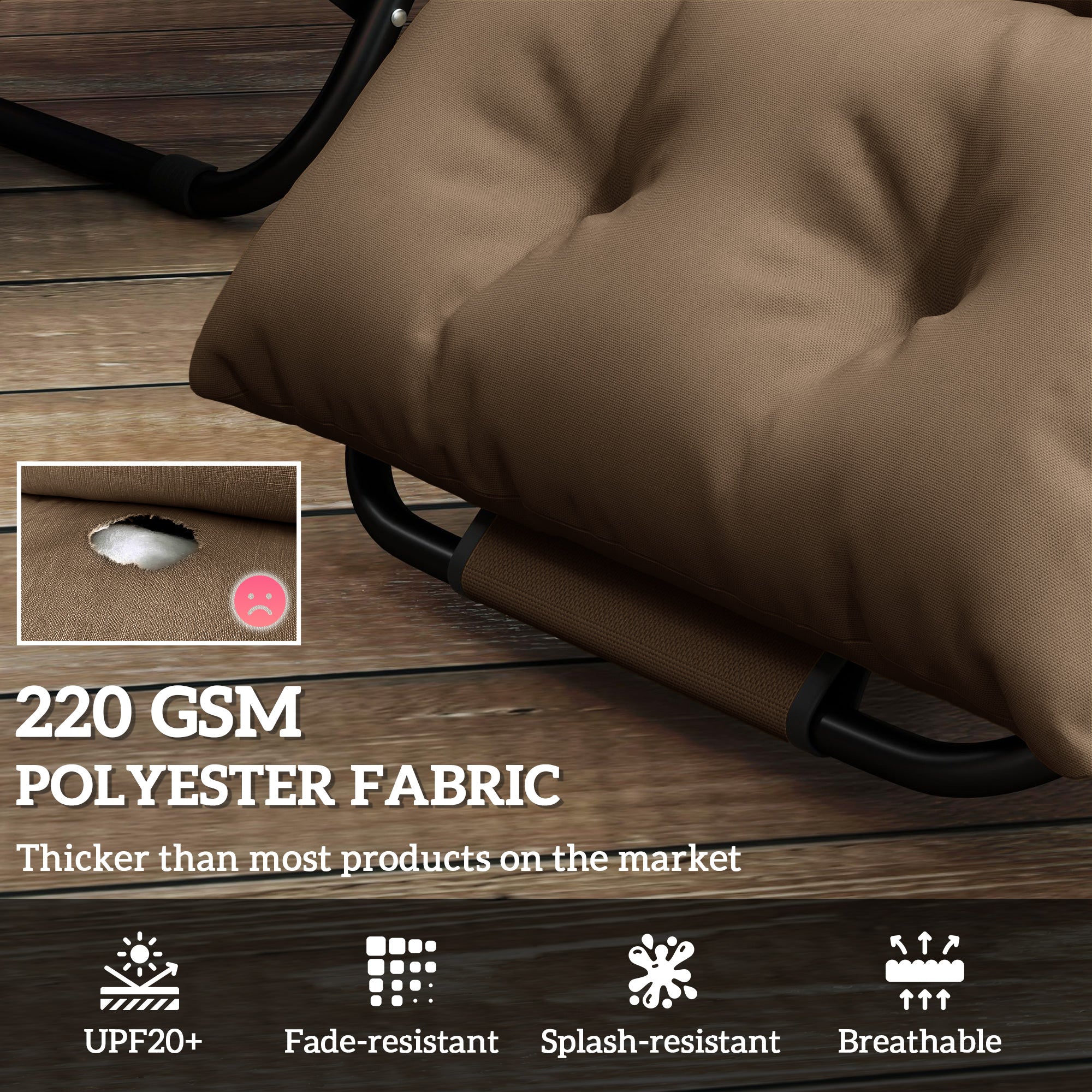 Set of 2 Sun Lounger Cushions with High-Resilience Foam - Khaki