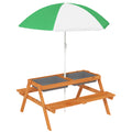 Kids Picnic Table with Benches, Wooden Sand and Water Table, Adjustable Parasol, Storage Bins, for Kids 3-6 Years, Brown