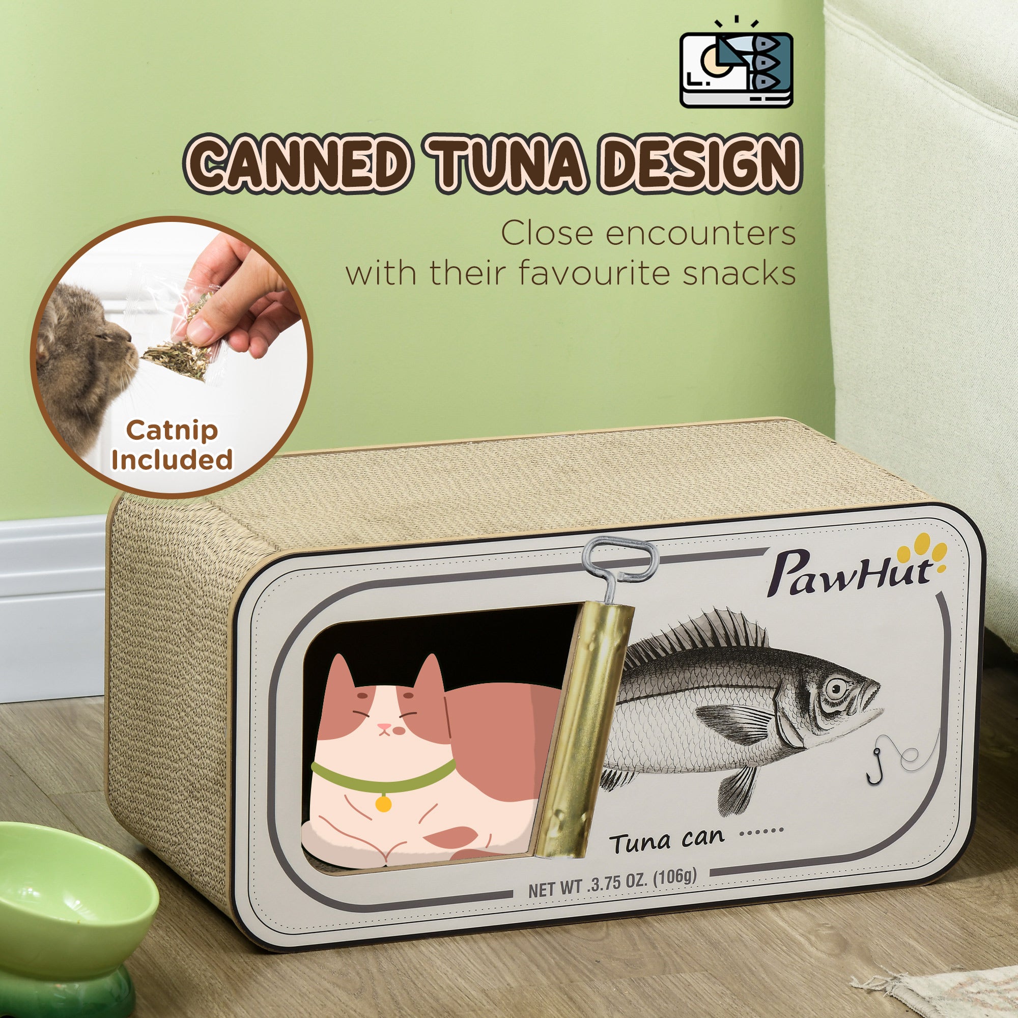 2 in 1 Cat Scratching Board, Cardboard Cat House with Catnip, Canned Tuna Design