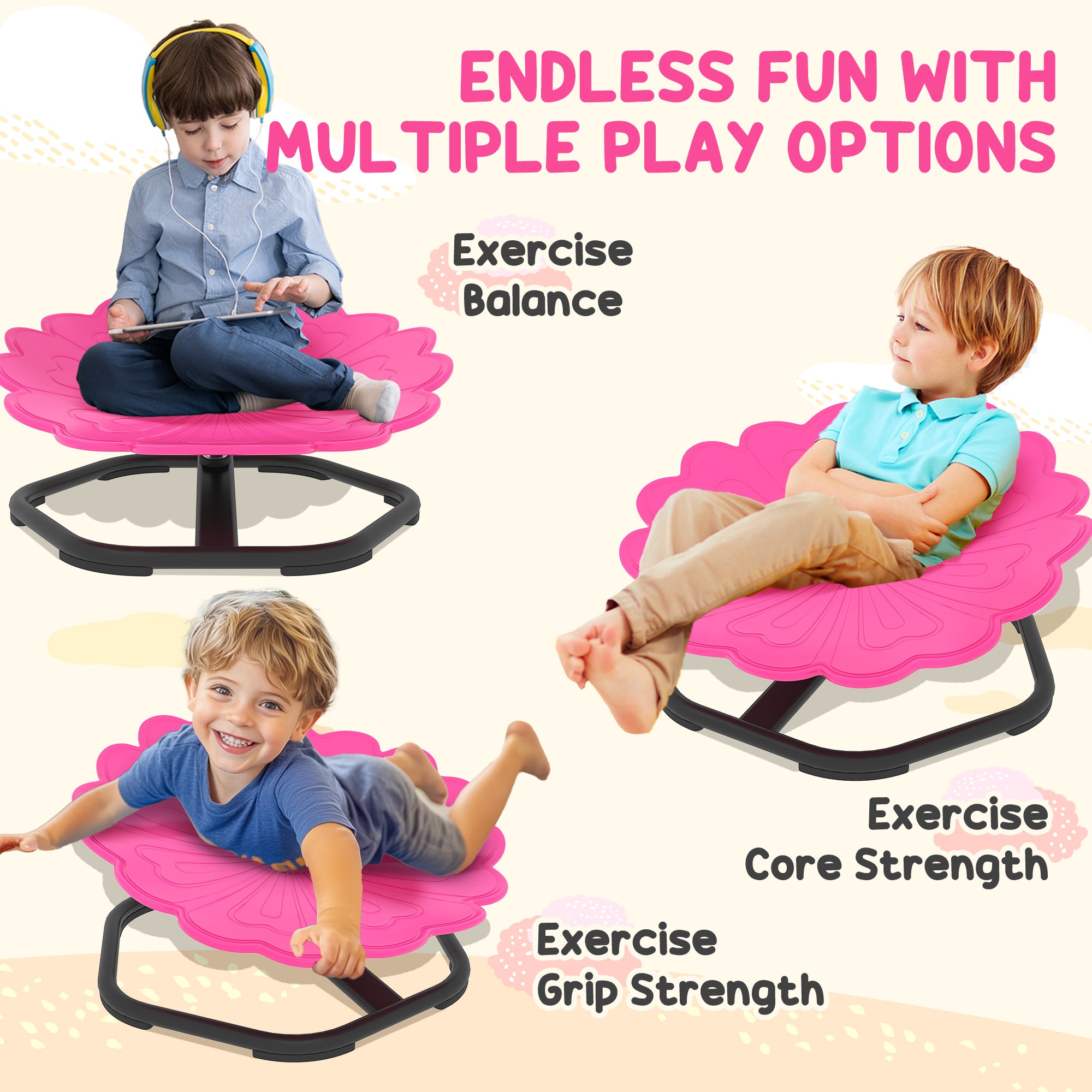 Flower-Shaped Sensory Spinning Chair with Non-Slip Base for Balance/Coordination, Pink