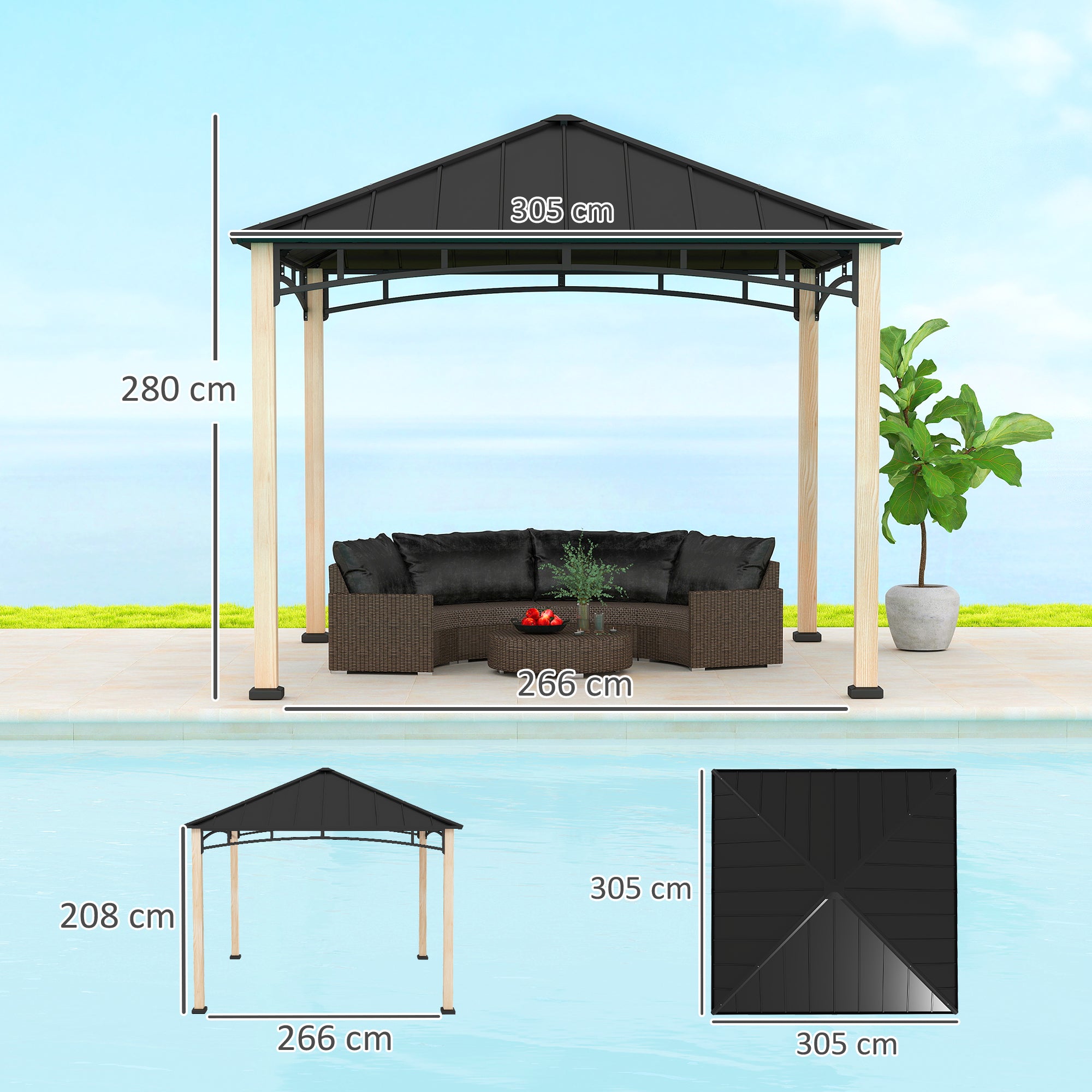 3 x 3 Metre Metal Gazebo with Galvanised Roof - Black Wood Effect