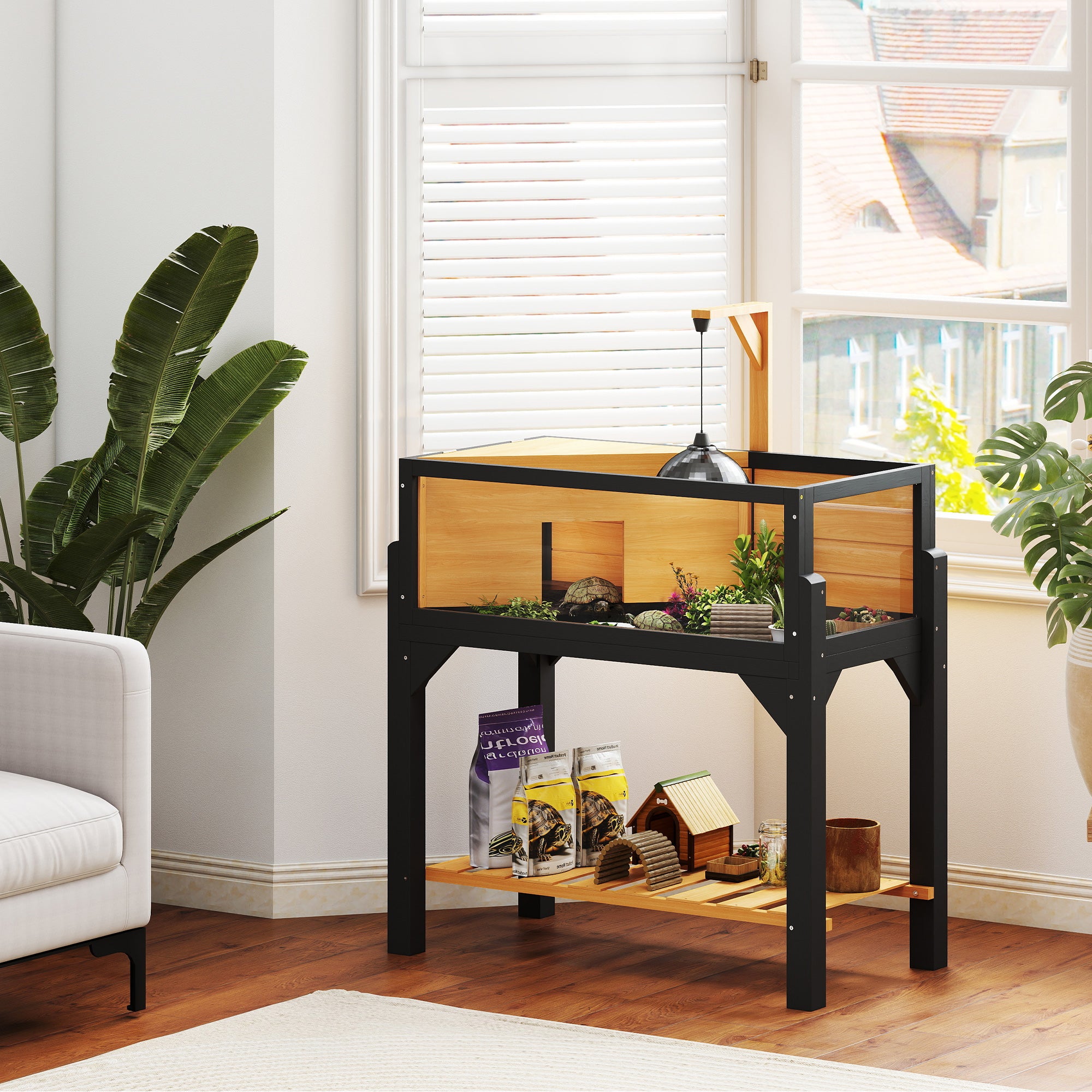 Wooden Tortoise House with Storage Shelf, Clear Observation Windows, Lamp Holder, Openable Top, Built-in Tray, Yellow