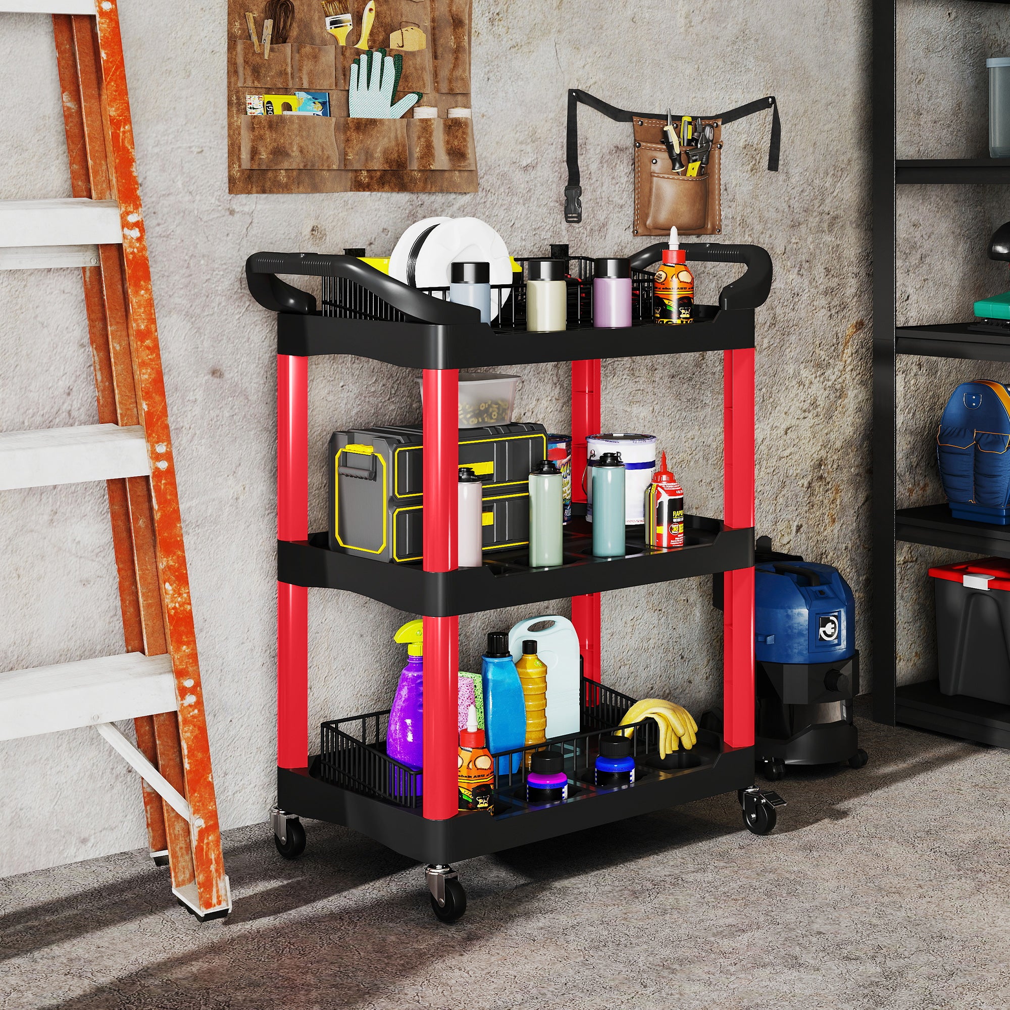 3-Tier Rolling Tool Cart, Tool Trolley on Wheels, Plastic Mobile Service Utility Cart with Handles for Garage, Mechanics and Warehouse, 91kg Capacity, Black and Red