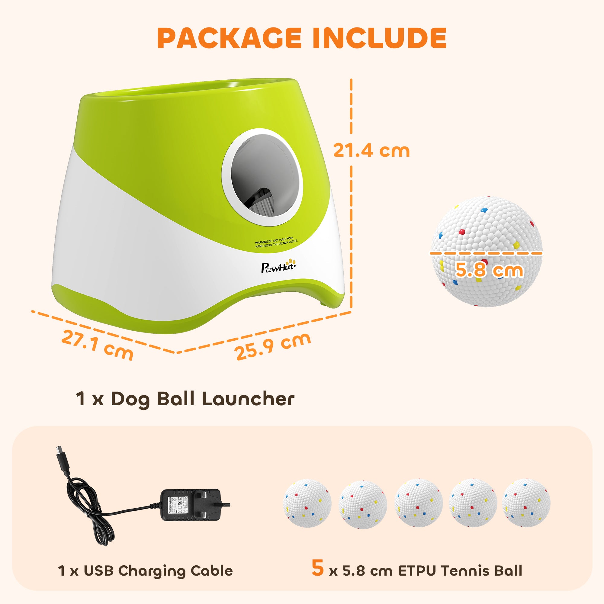 Automatic Dog Ball Launcher with 5 ETPU Tennis Balls 2.3", 3 Distance Settings 20/33/46ft, Green