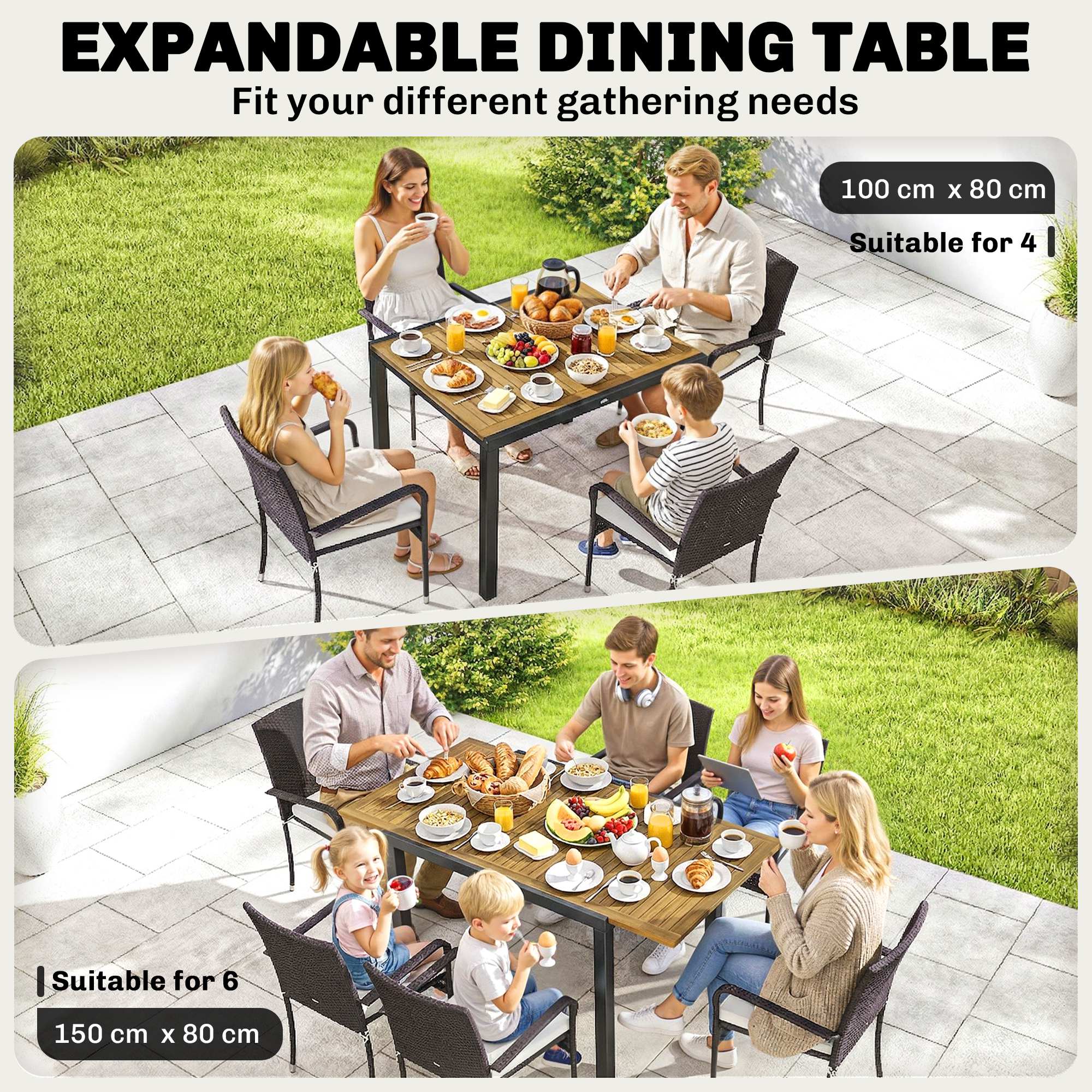 7 Piece Rattan Garden Furniture Set, 6 Seater Garden Table and 6 Stackable Chairs with Extendable Acacia Wood Tabletop