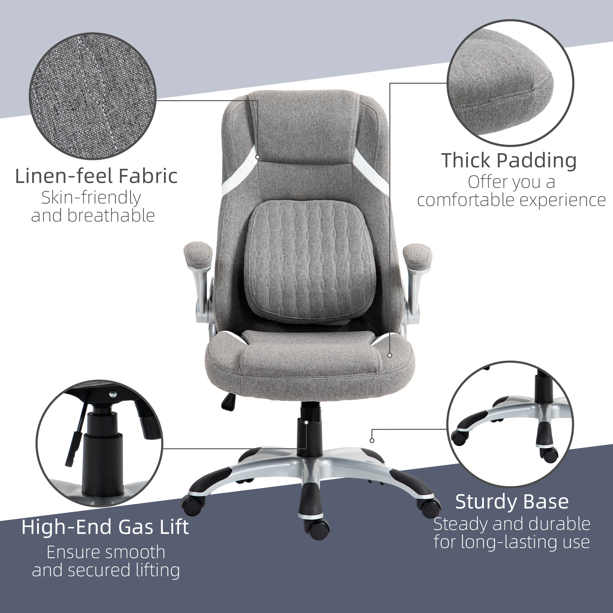 Linen-Look Office Chair, with Adjustable Height and Tension - Grey